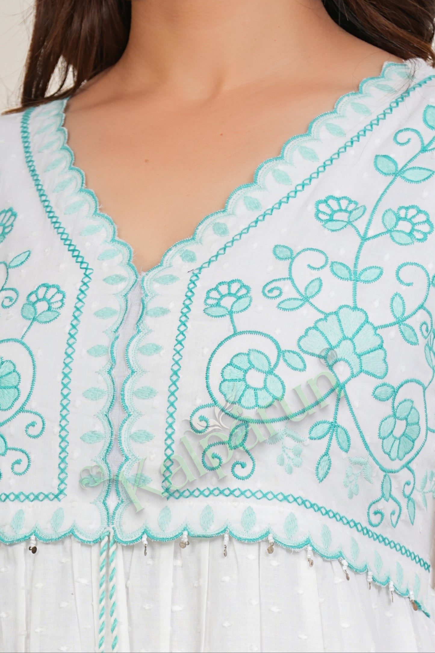 Kalparun Powder White Cotton Short Dress with Mint Green Floral Embroidered, V-Neck, 3/4 Sleeves