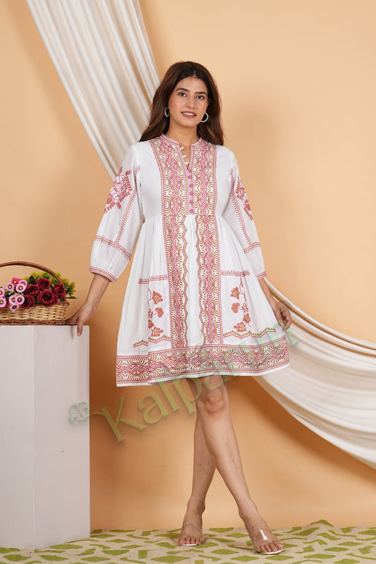 Kalparun Women's Blush White Cotton Short Dress with Hazelnut Chocolate Embroidery, V-Neck, 3/4 Sleeves