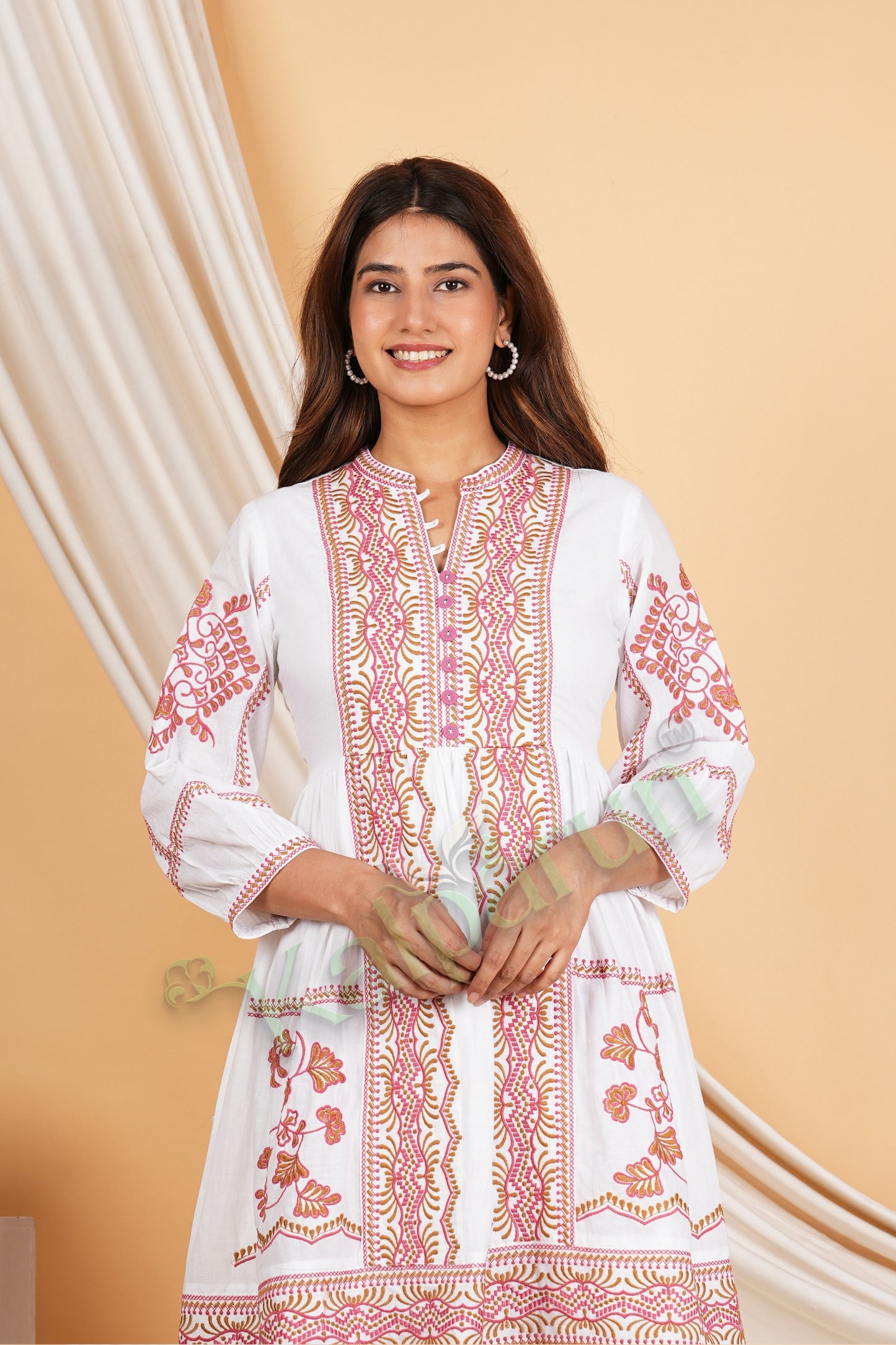 Kalparun Women's Blush White Cotton Short Dress with Hazelnut Chocolate Embroidery, V-Neck, 3/4 Sleeves