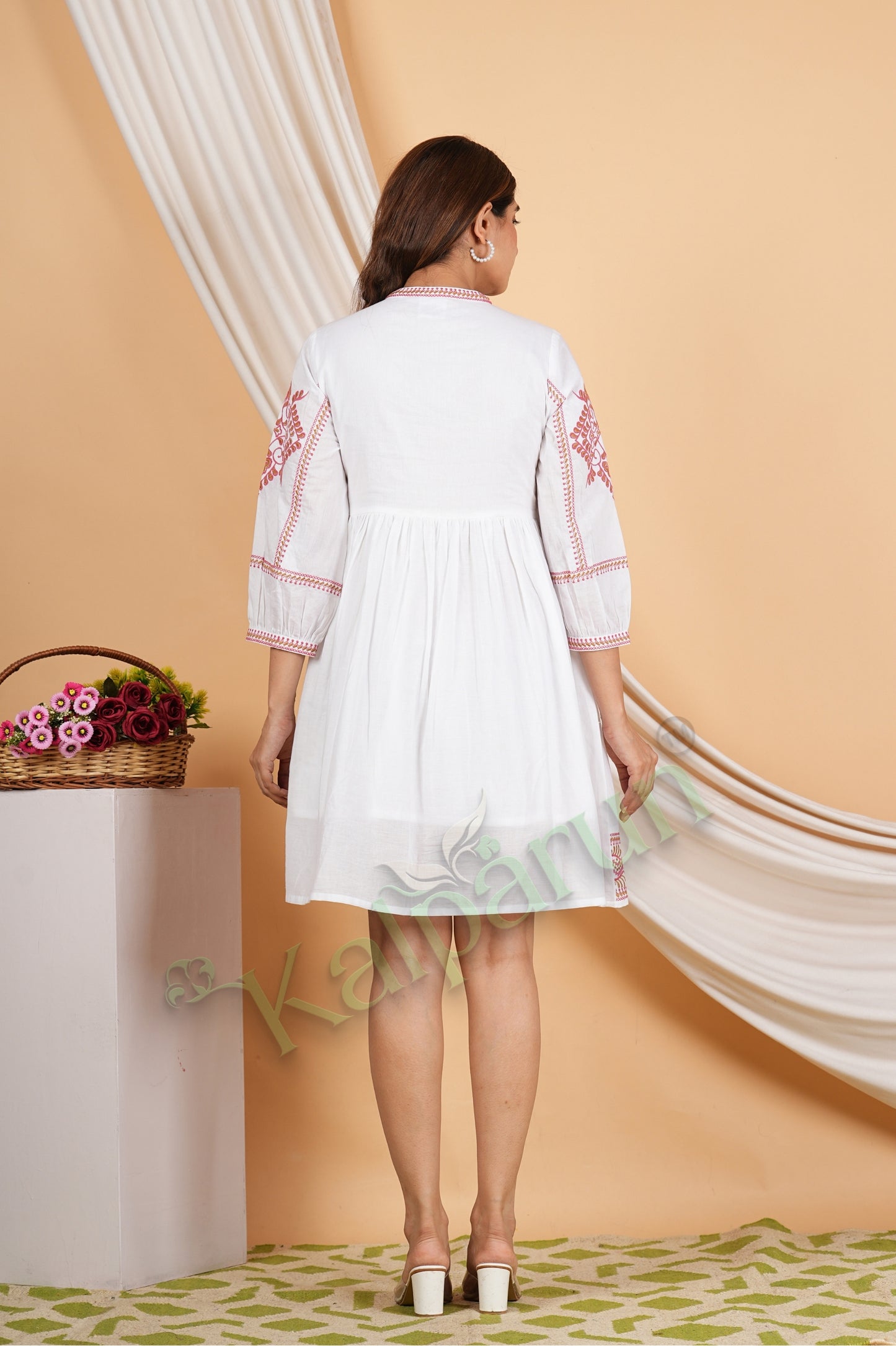 Kalparun Women's Blush White Cotton Short Dress with Hazelnut Chocolate Embroidery, V-Neck, 3/4 Sleeves