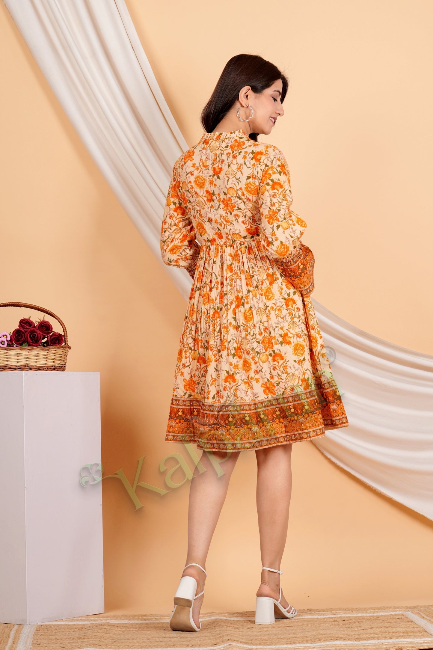 Kalparun Floral Print Short Dress, Sunset Coral and Vanilla, Long Sleeve with Tassel Detail, Tiered Hem