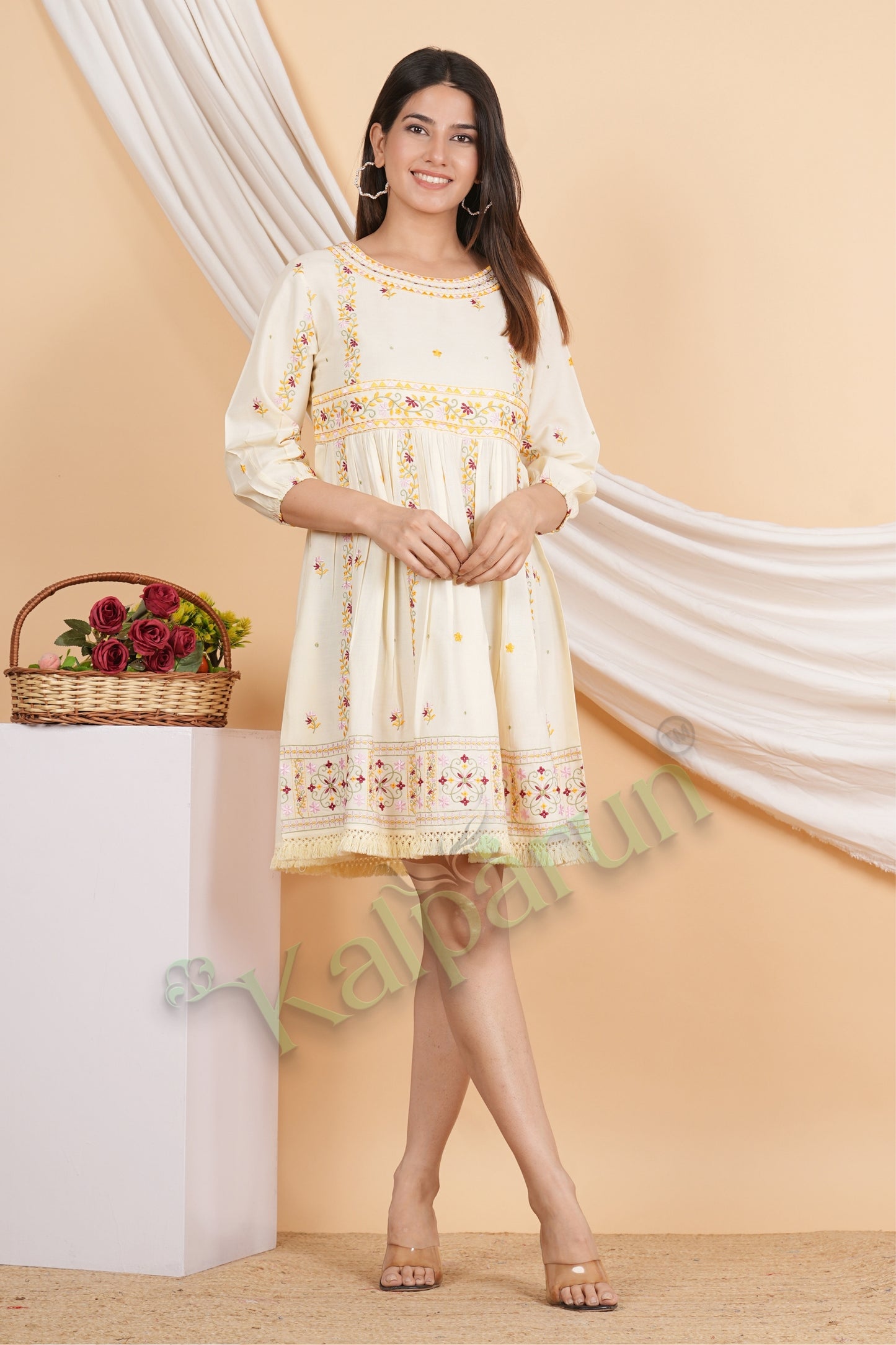Kalparun Women's Embroidered Cotton Short Dress, Soft Ivory with Floral Pattern, 3/4 Sleeve, Empire Waist