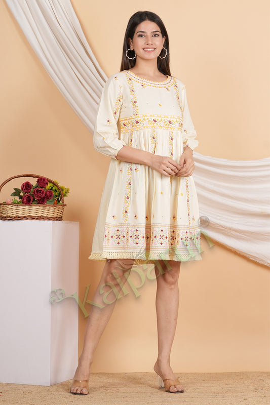 Kalparun Women's Embroidered Cotton Short Dress, Soft Ivory with Floral Pattern, 3/4 Sleeve, Empire Waist