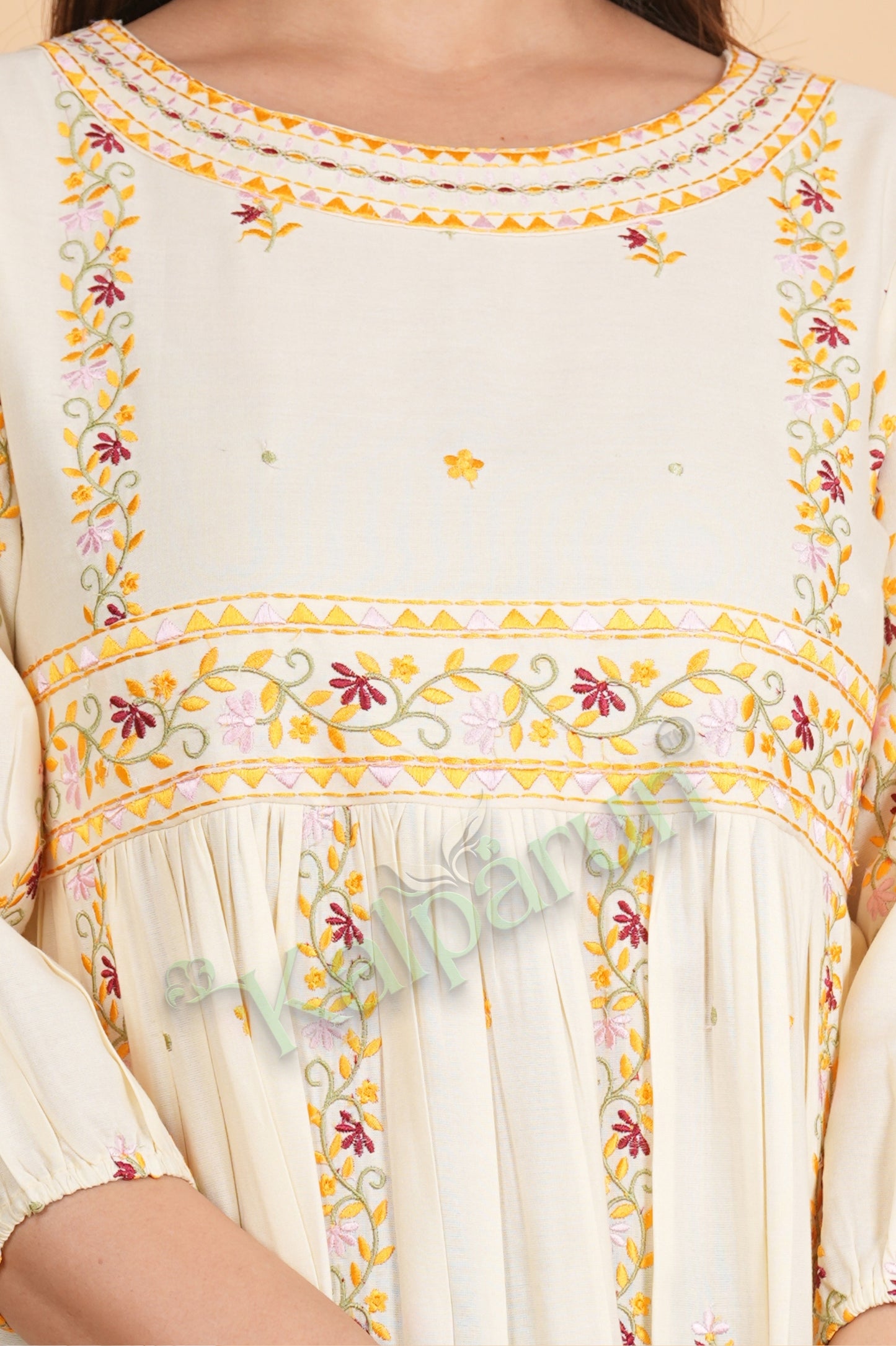 Kalparun Women's Embroidered Cotton Short Dress, Soft Ivory with Floral Pattern, 3/4 Sleeve, Empire Waist
