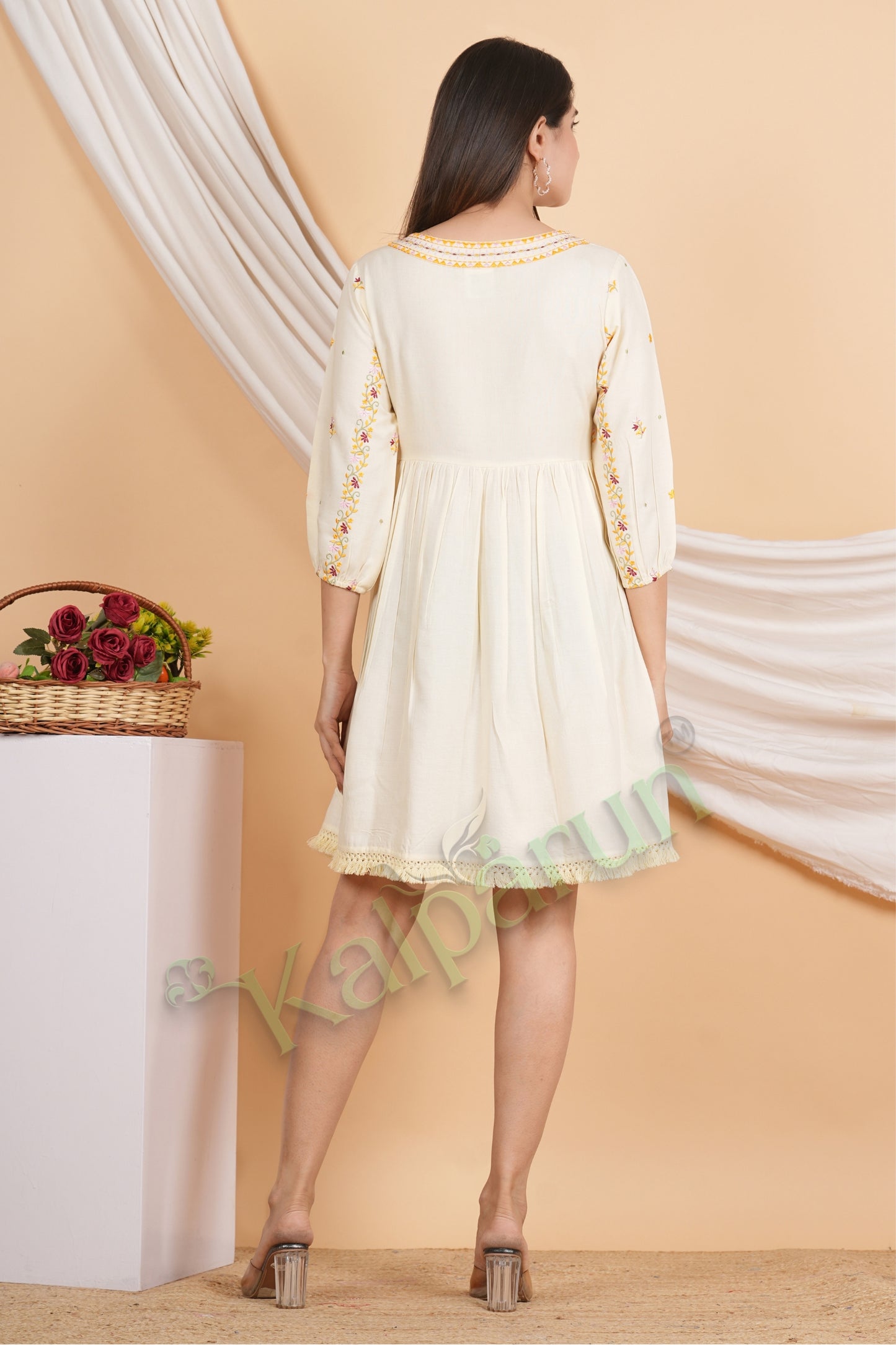 Kalparun Women's Embroidered Cotton Short Dress, Soft Ivory with Floral Pattern, 3/4 Sleeve, Empire Waist