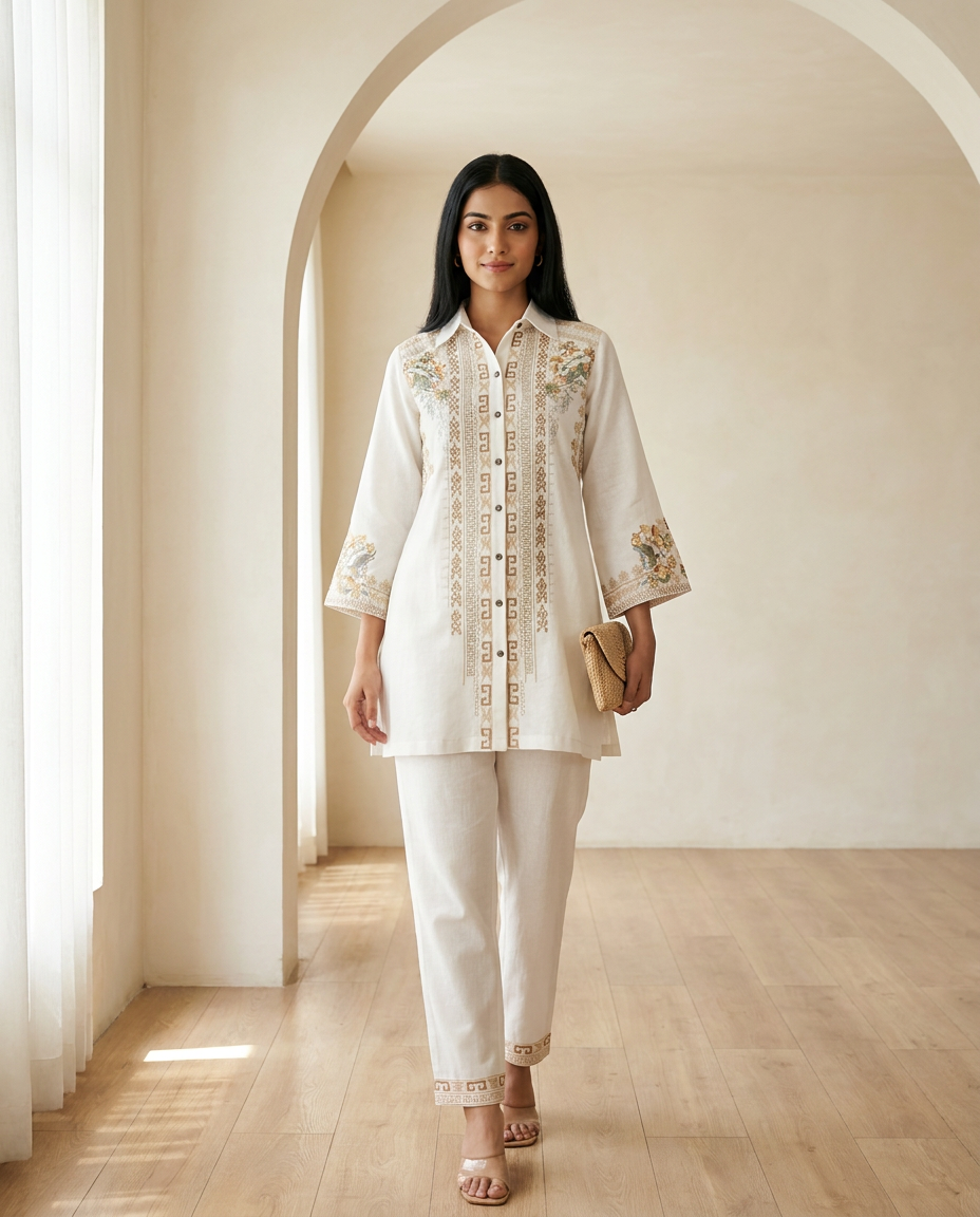 Off White Embroidered Co-ord Set