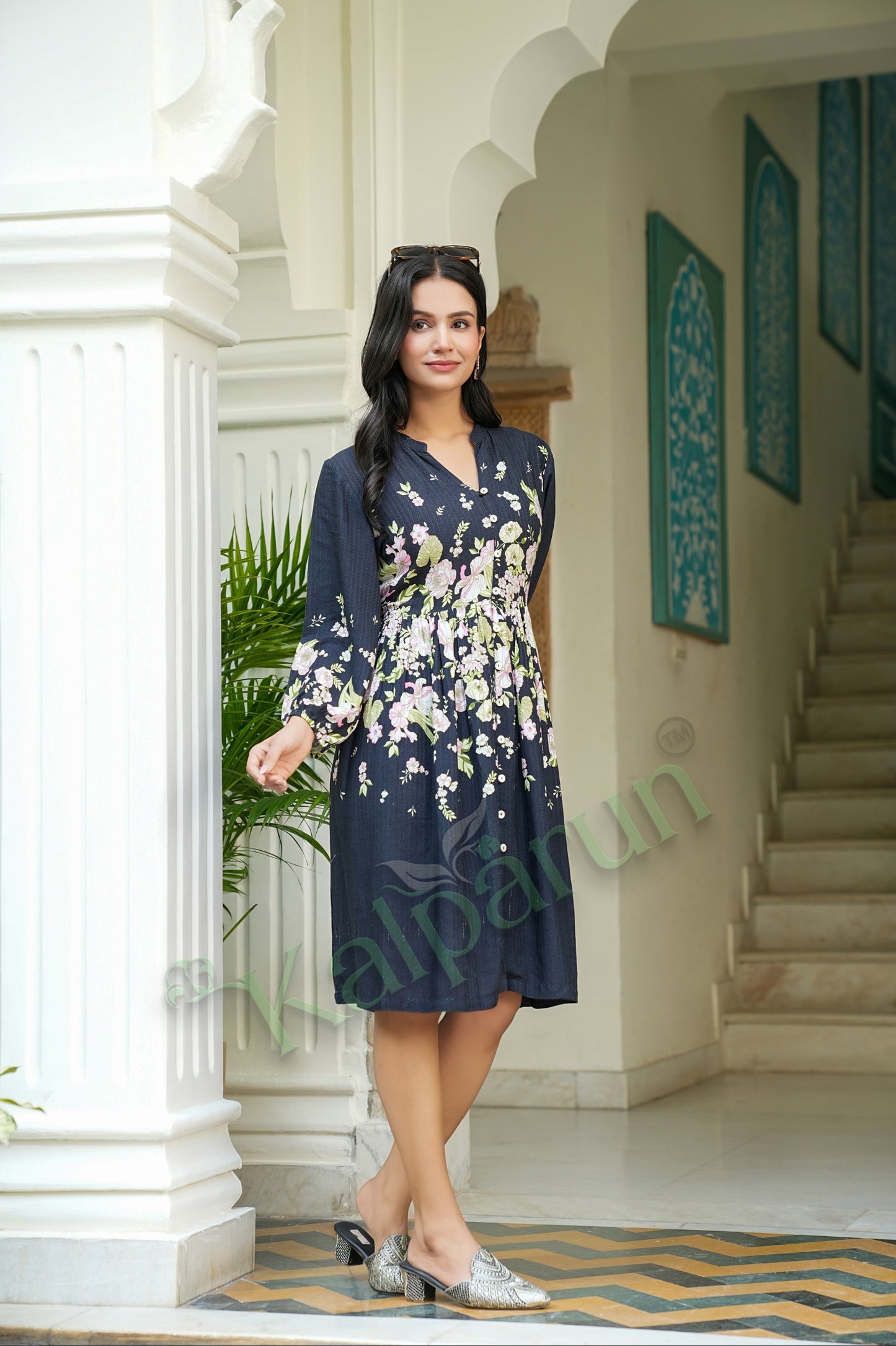 Kalparun Floral Print Rayon Dobby Short Dress, Midnight Bloom with Blush Pink Flowers, V-Neck, Long Sleeve, Button Front