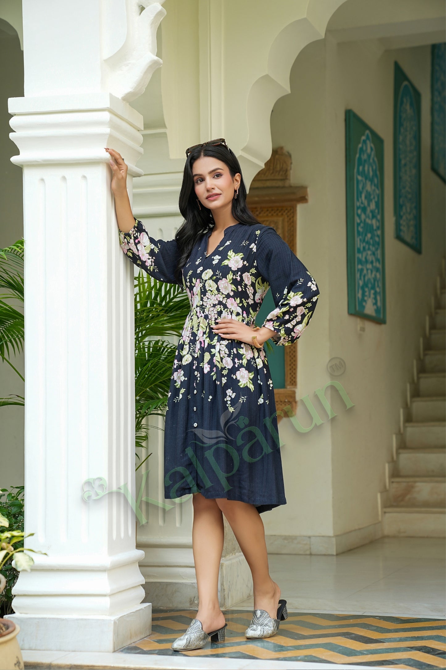 Kalparun Floral Print Rayon Dobby Short Dress, Midnight Bloom with Blush Pink Flowers, V-Neck, Long Sleeve, Button Front