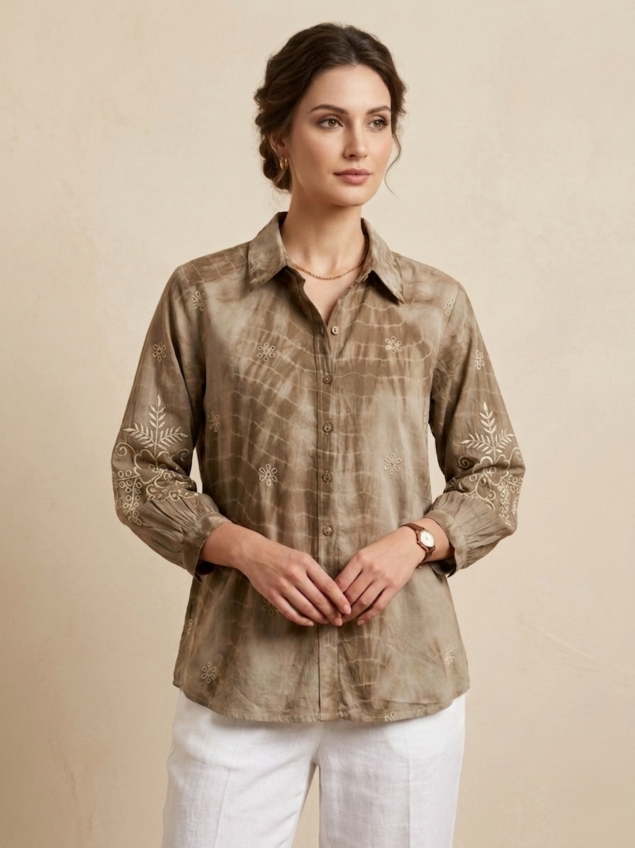 Brown Collar Printed Shirt For Women