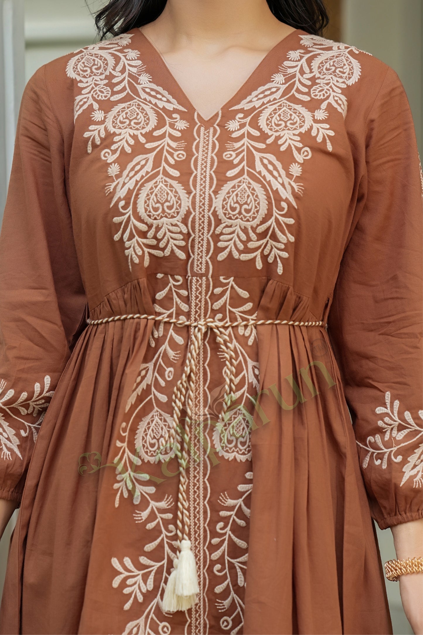 Kalparun Copper Brown Cotton Short Dress with Cream Embroidery, V-Neck, Long Sleeves, Empire Waist