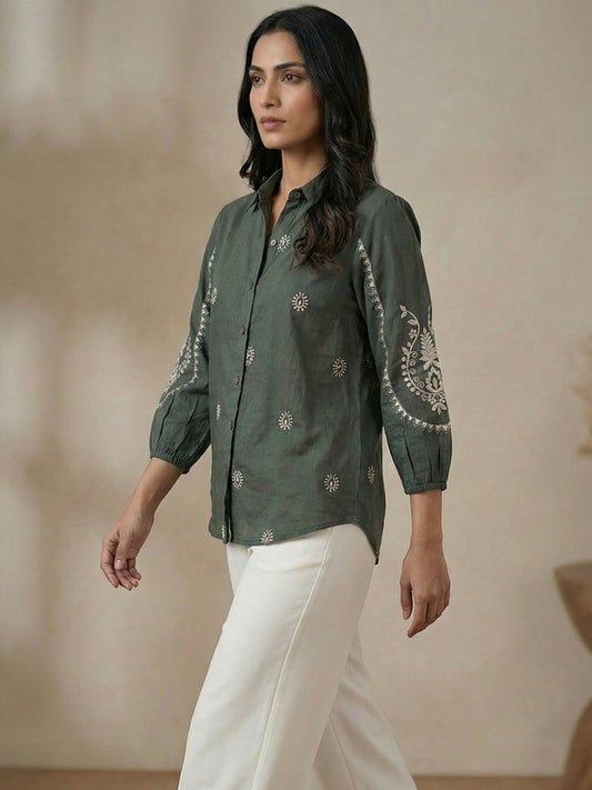 Kalparun Green and Olive Green Embroidered Shirt