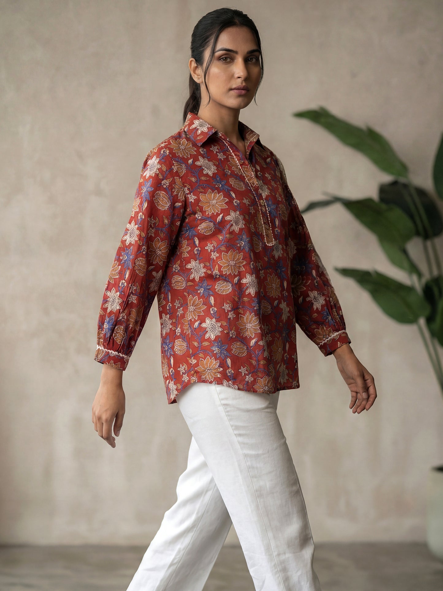 Marron Printed Cotton Shirt for Women