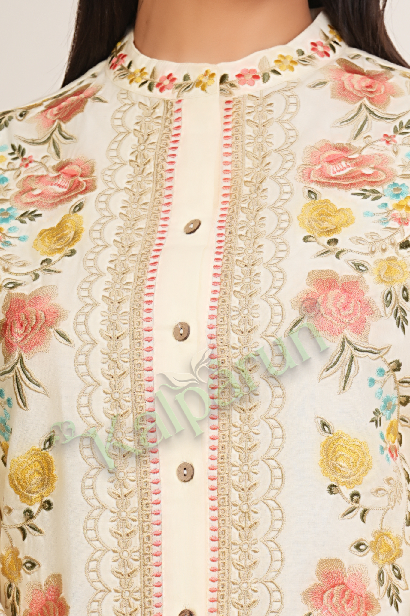 KALPARUN Floral Embroidered Cotton cord Set, Cream Colour, Button-Down Kurta with Embroidered Pants, Three-Quarter Sleeves