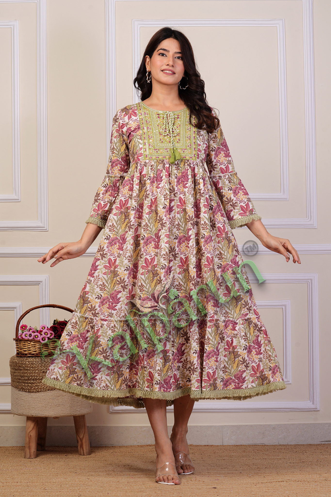 Floral Midi Dress with Bell Sleeves, Pink and Yellow Leaf Print, Green Embroidered Yoke, Fringe Trim