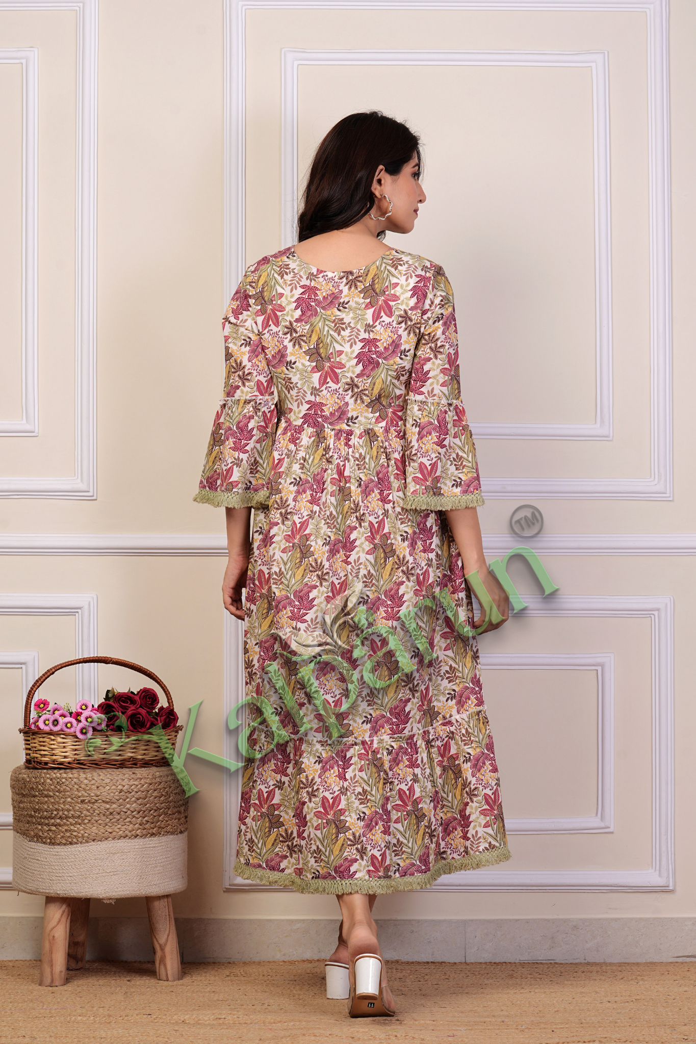 Floral Midi Dress with Bell Sleeves, Pink and Yellow Leaf Print, Green Embroidered Yoke, Fringe Trim