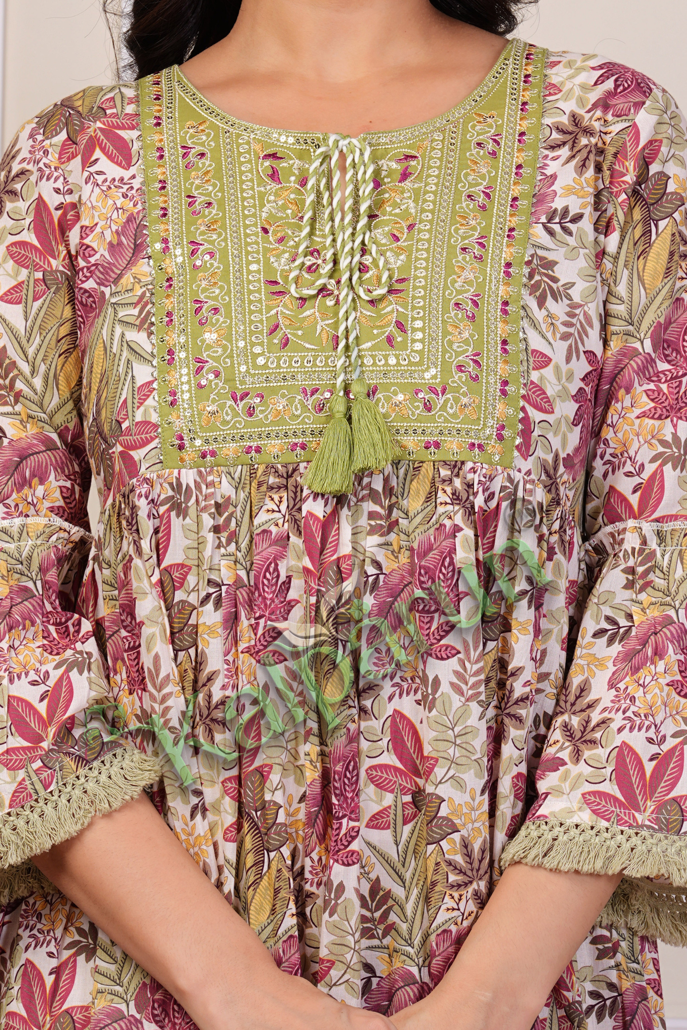 Floral Midi Dress with Bell Sleeves, Pink and Yellow Leaf Print, Green Embroidered Yoke, Fringe Trim