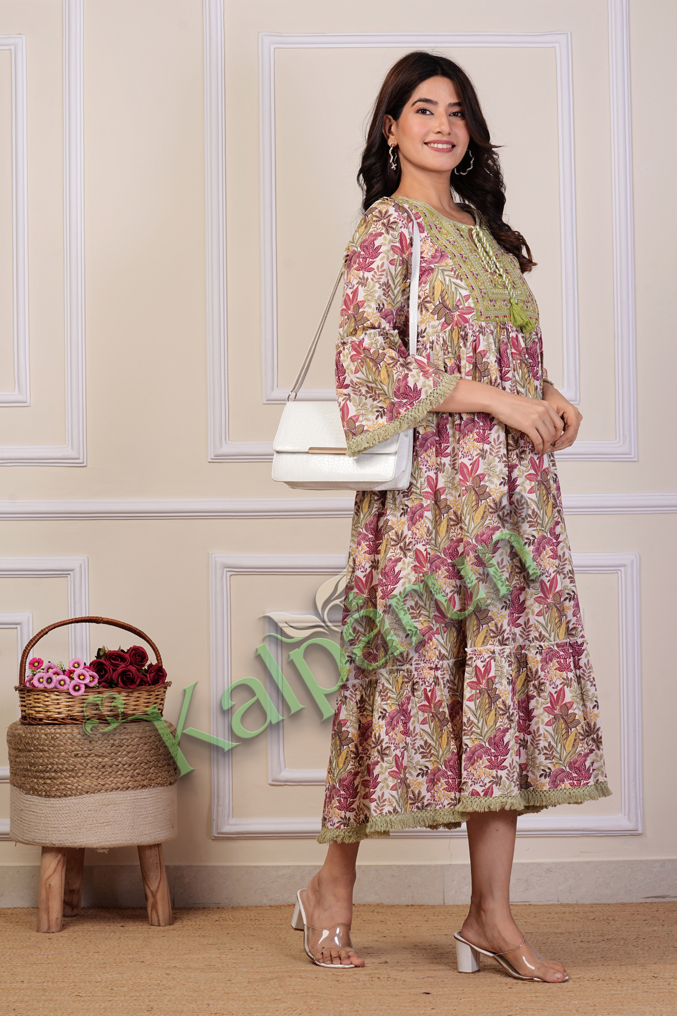 Floral Midi Dress with Bell Sleeves, Pink and Yellow Leaf Print, Green Embroidered Yoke, Fringe Trim