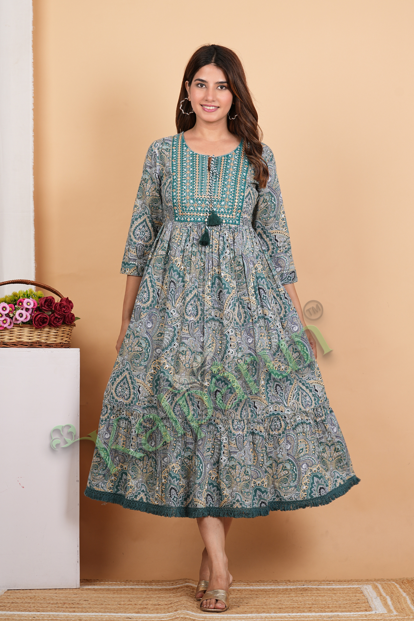 Women's Paisley Print Cotton Midi Dress, Teal Green, 3/4 Sleeves with Tassel Details