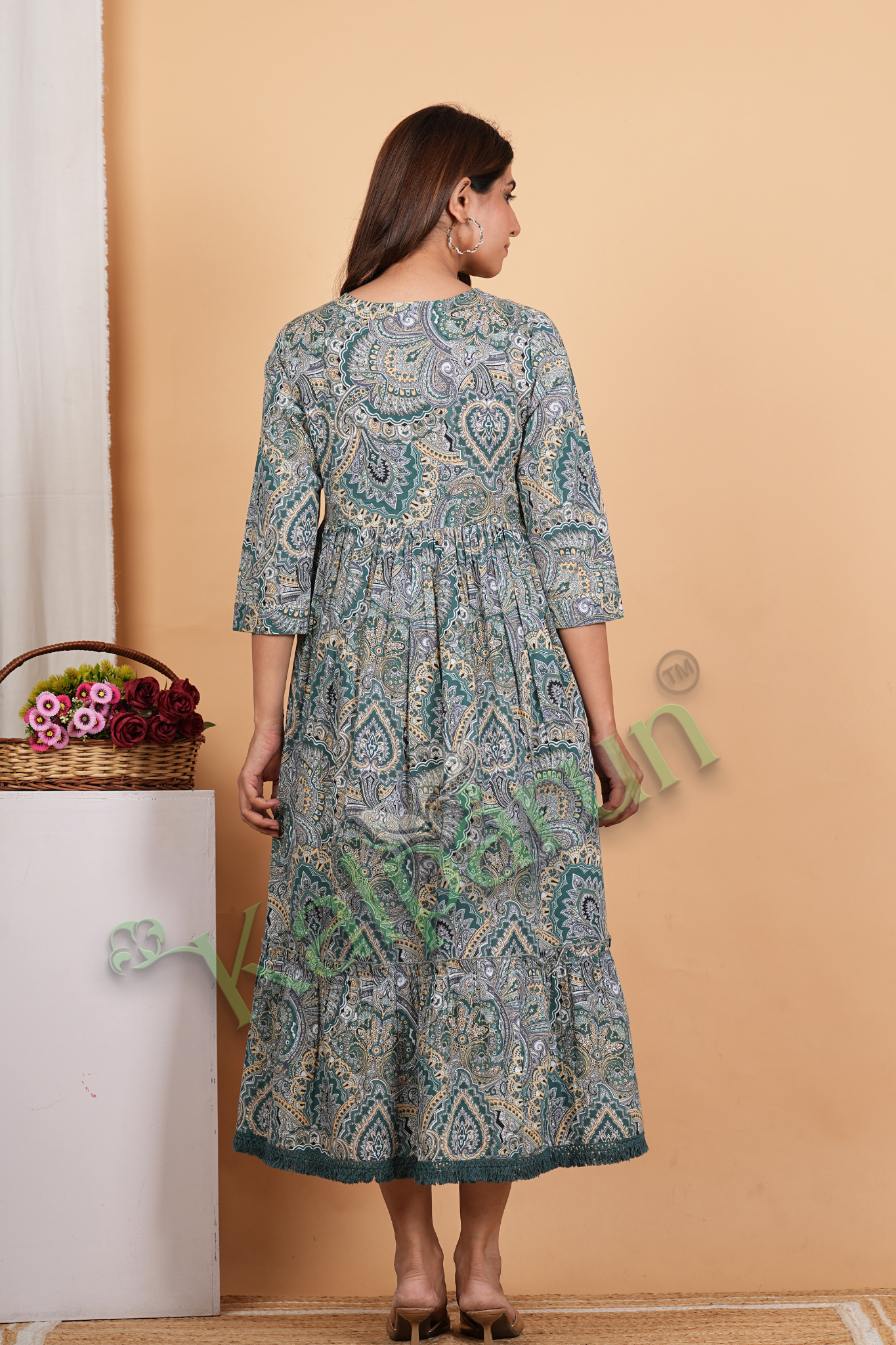Women's Paisley Print Cotton Midi Dress, Teal Green, 3/4 Sleeves with Tassel Details