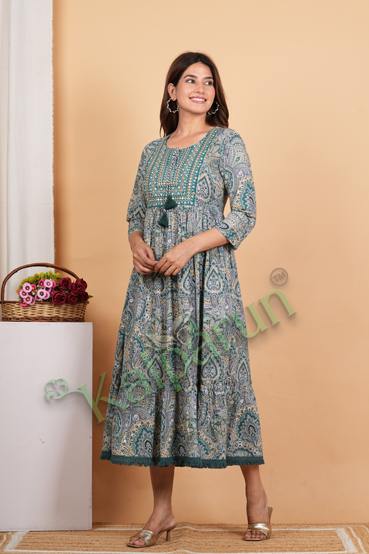 Women's Paisley Print Cotton Midi Dress, Teal Green, 3/4 Sleeves with Tassel Details