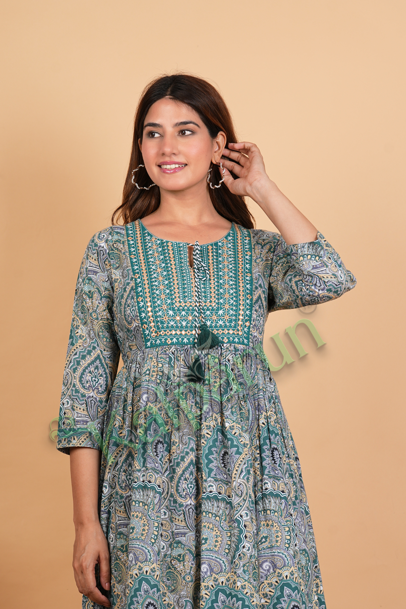 Women's Paisley Print Cotton Midi Dress, Teal Green, 3/4 Sleeves with Tassel Details