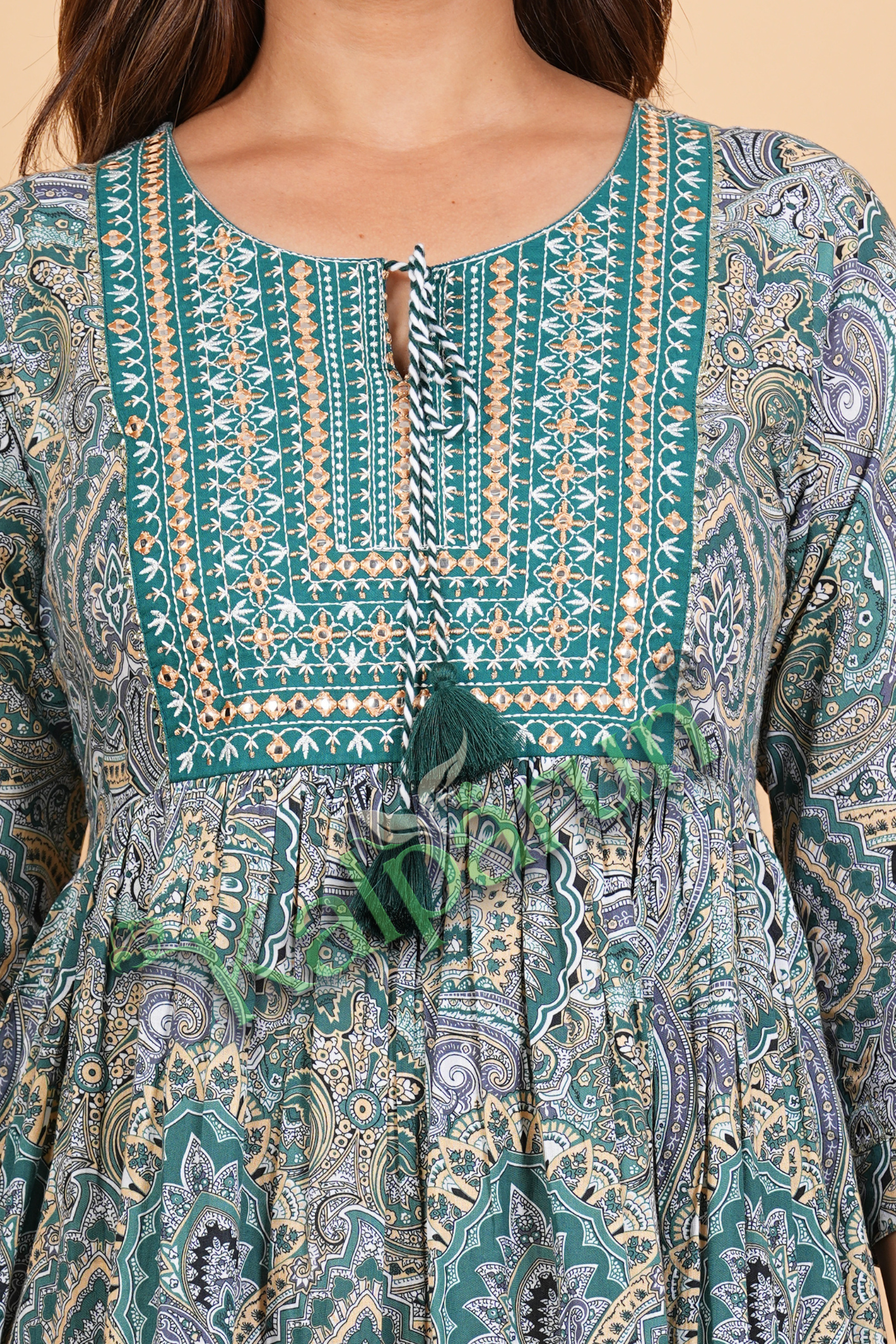 Women's Paisley Print Cotton Midi Dress, Teal Green, 3/4 Sleeves with Tassel Details