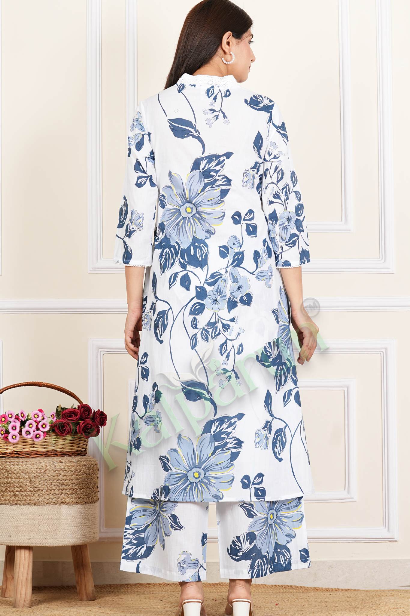 Women's Floral Palazzo Set, White and Blue Printed Cotton Kurta with Pants, V-Neck, 3/4 Sleeves