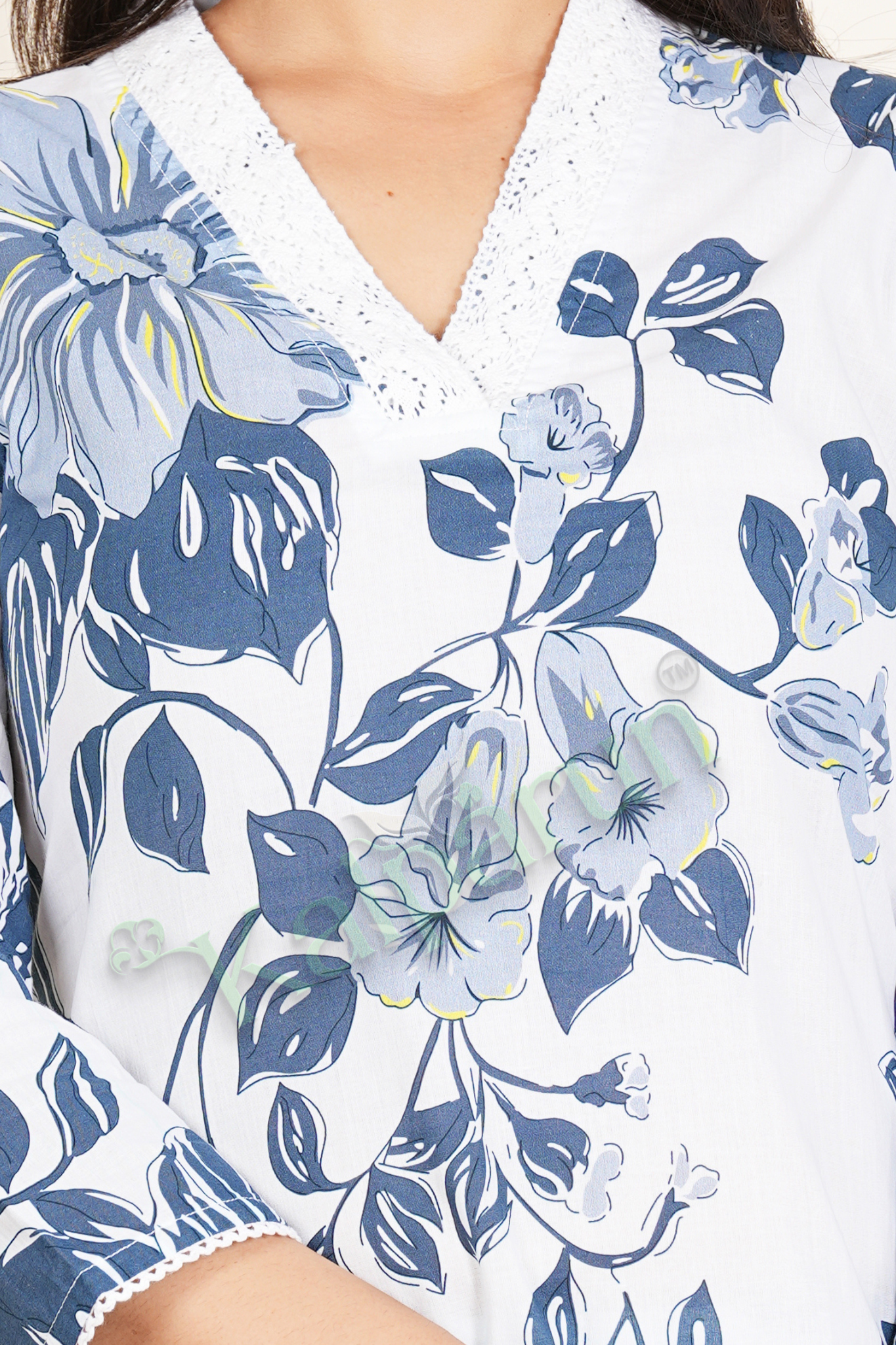 Women's Floral Palazzo Set, White and Blue Printed Cotton Kurta with Pants, V-Neck, 3/4 Sleeves