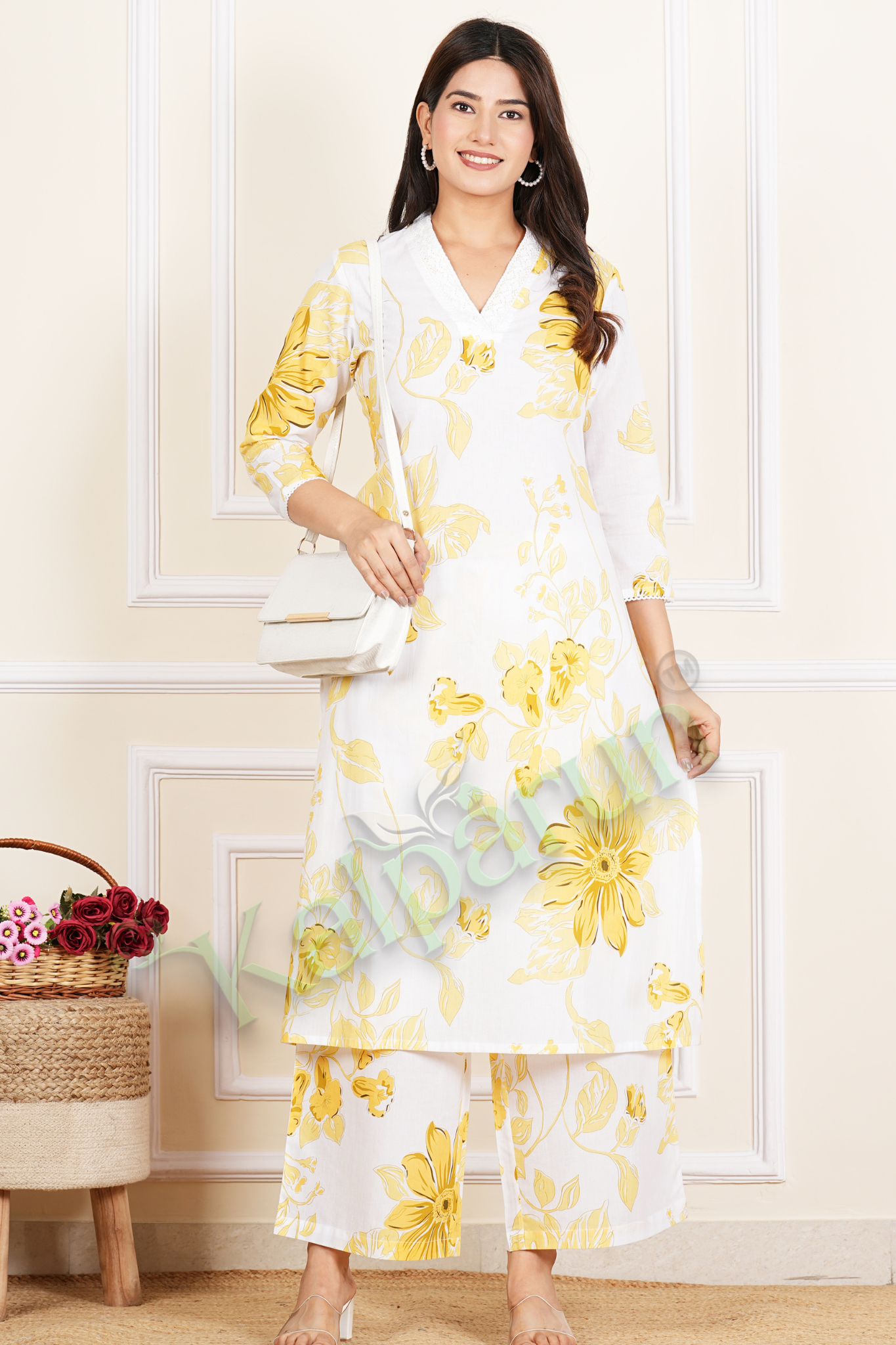 Women's Floral Print Kurta Palazzo Set, White with Yellow Flowers, V-Neck, 3/4 Sleeves