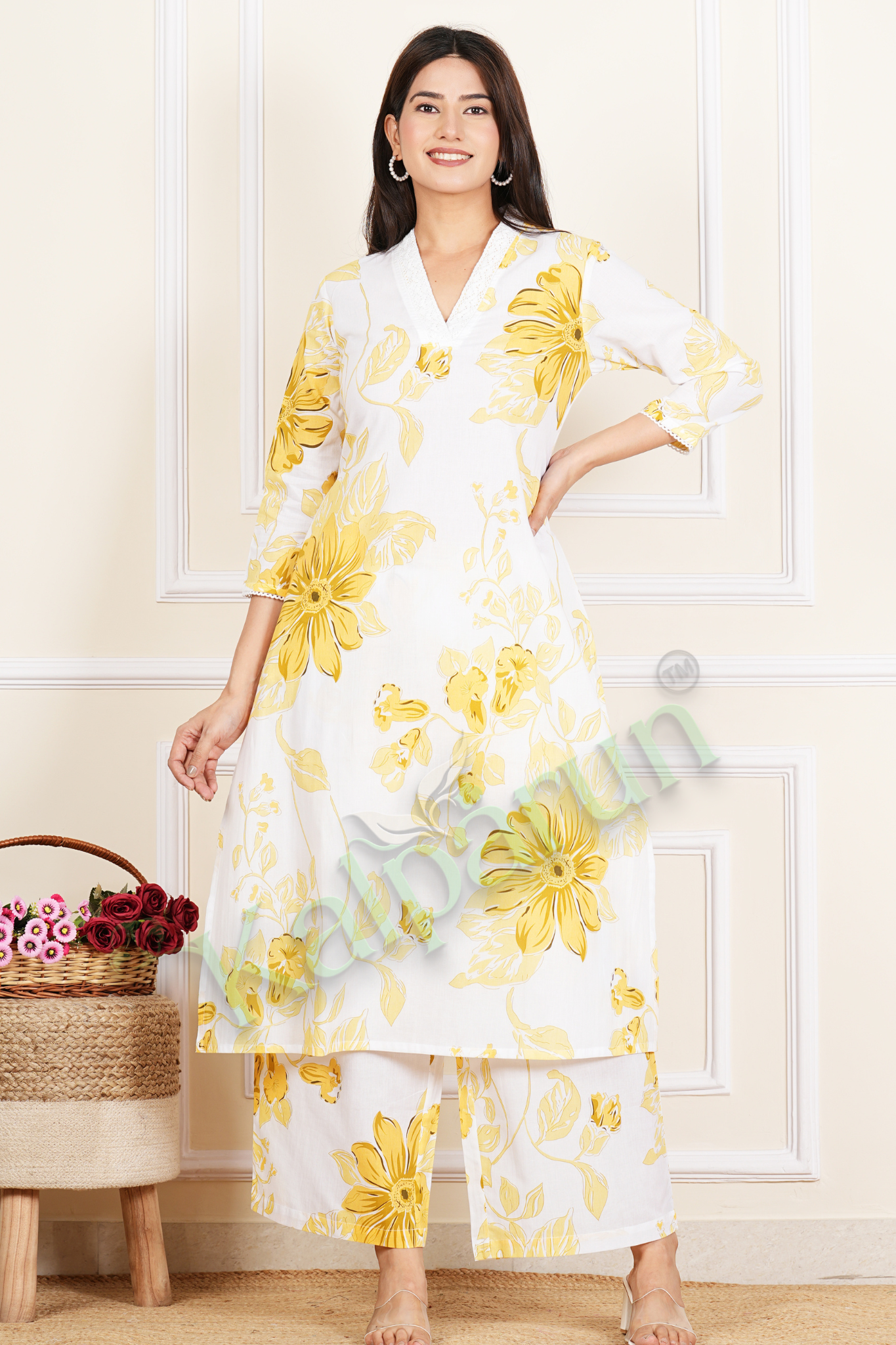 Women's Floral Print Kurta Palazzo Set, White with Yellow Flowers, V-Neck, 3/4 Sleeves