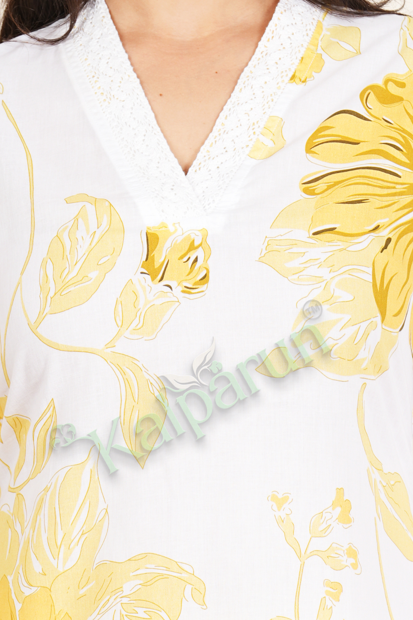 Women's Floral Print Kurta Palazzo Set, White with Yellow Flowers, V-Neck, 3/4 Sleeves