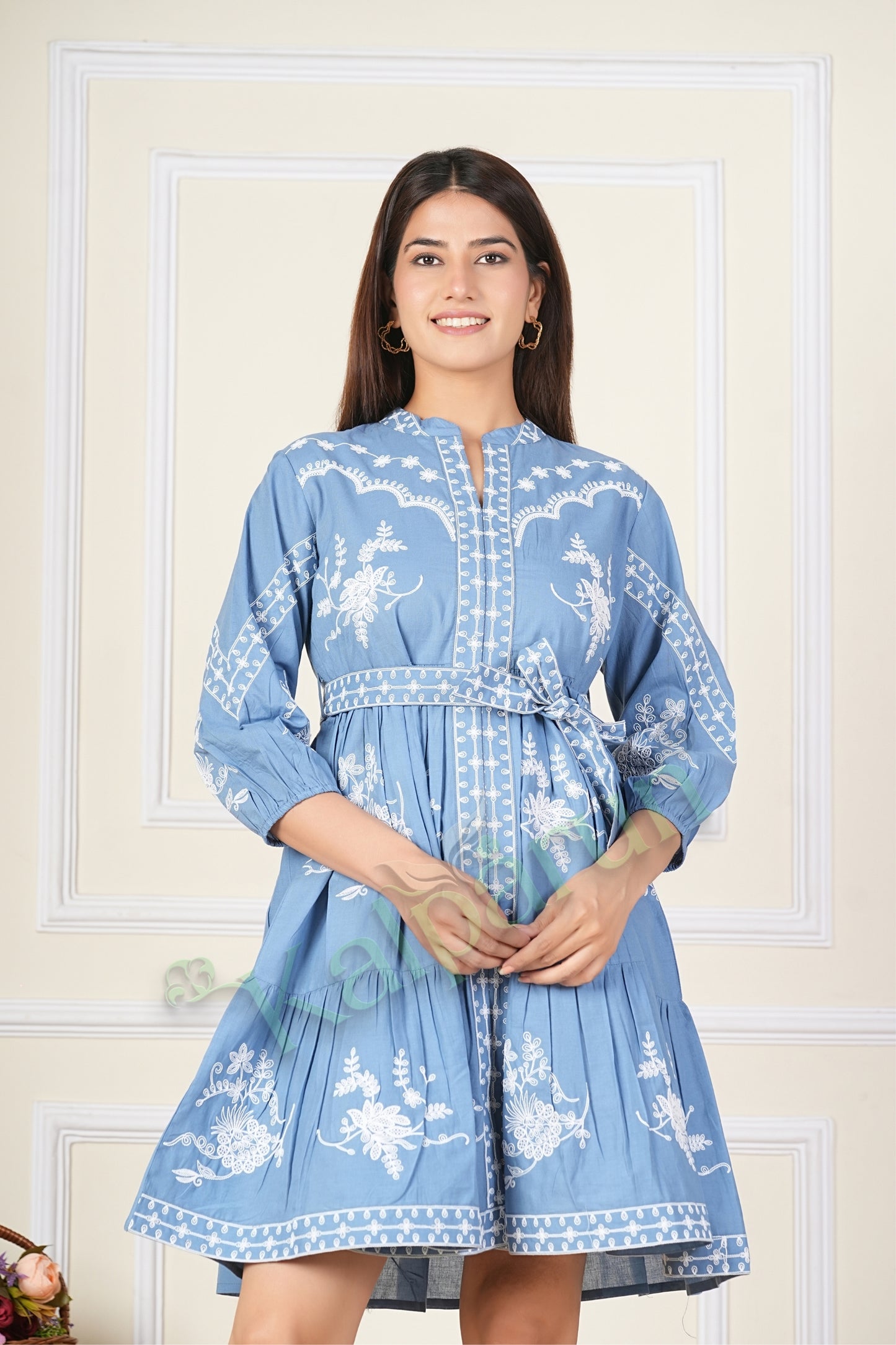 Kalparun Women's Misty Blue Floral Embroidered Cotton Short Dress, 3/4 Sleeve, Belted Waist