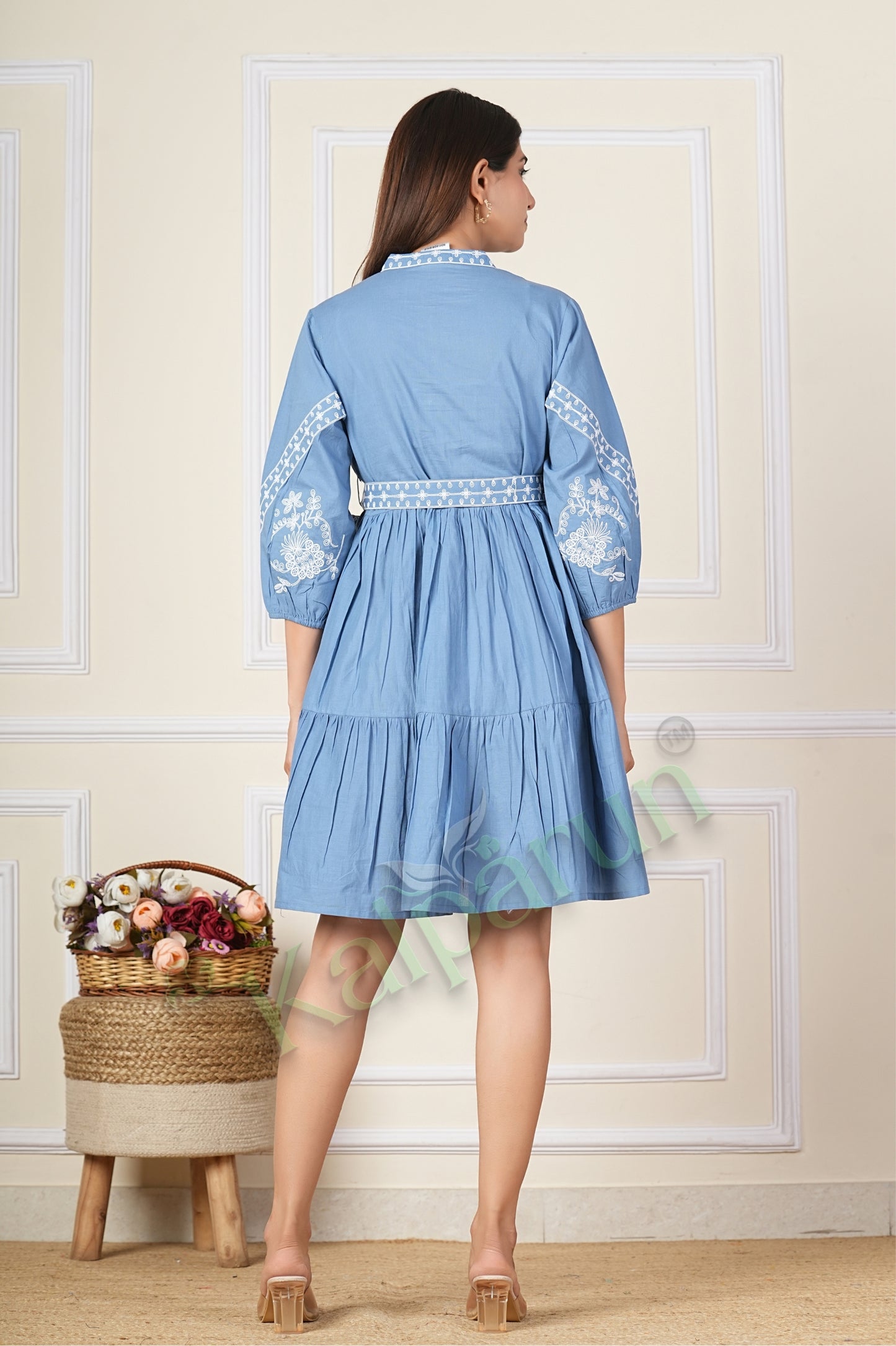 Kalparun Women's Misty Blue Floral Embroidered Cotton Short Dress, 3/4 Sleeve, Belted Waist
