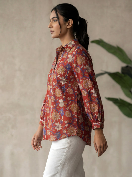 Marron Printed Cotton Shirt for Women