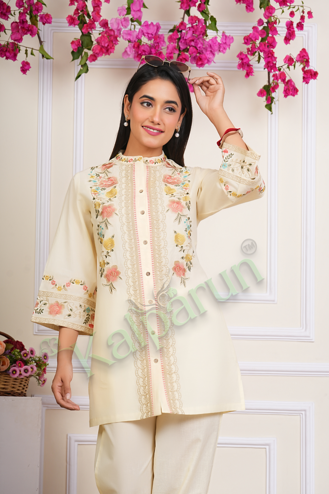KALPARUN Floral Embroidered Cotton cord Set, Cream Colour, Button-Down Kurta with Embroidered Pants, Three-Quarter Sleeves