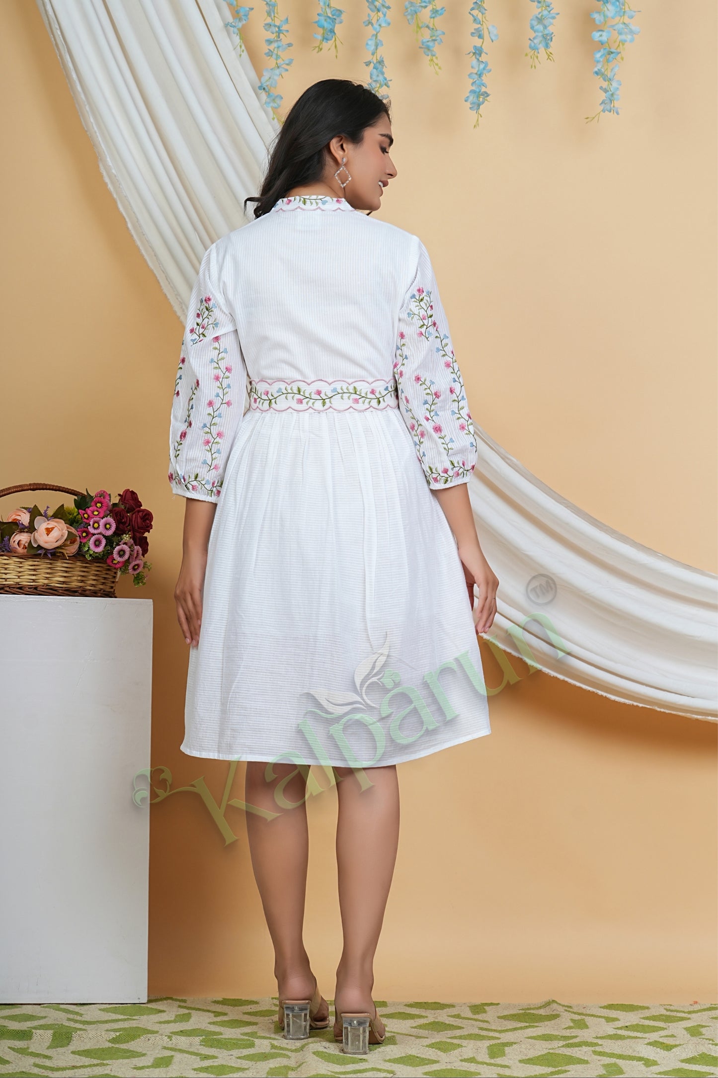 Kalparun Pearl White Cotton Short Dress with Floral Embroidery, 3/4 Sleeves, V-Neck, Sugar Pink and Azure Blooms