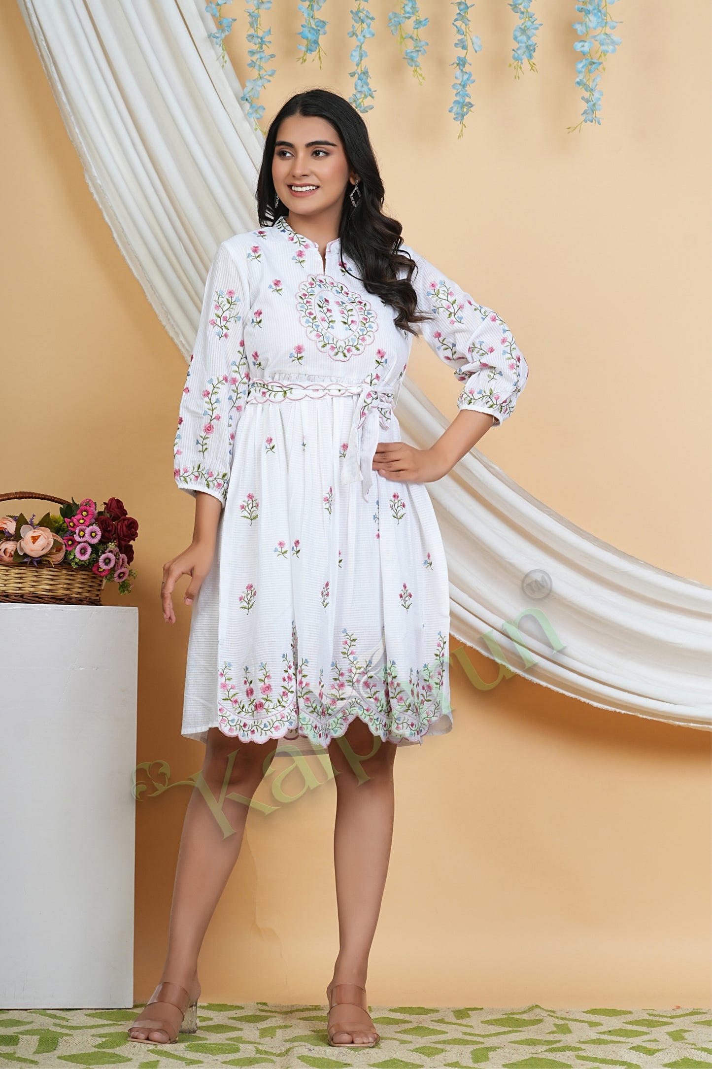 Kalparun Pearl White Cotton Short Dress with Floral Embroidery, 3/4 Sleeves, V-Neck, Sugar Pink and Azure Blooms