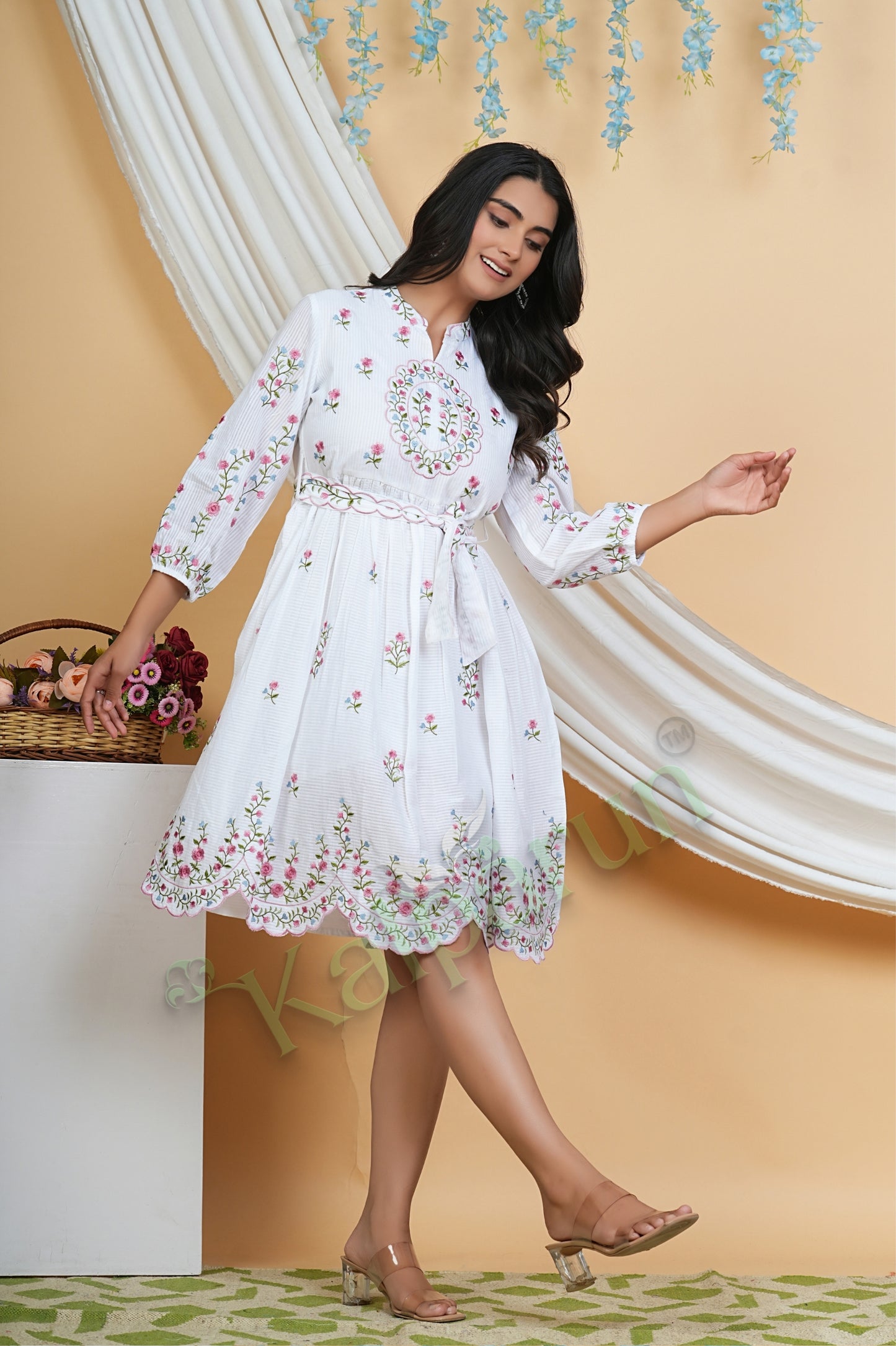 Kalparun Pearl White Cotton Short Dress with Floral Embroidery, 3/4 Sleeves, V-Neck, Sugar Pink and Azure Blooms