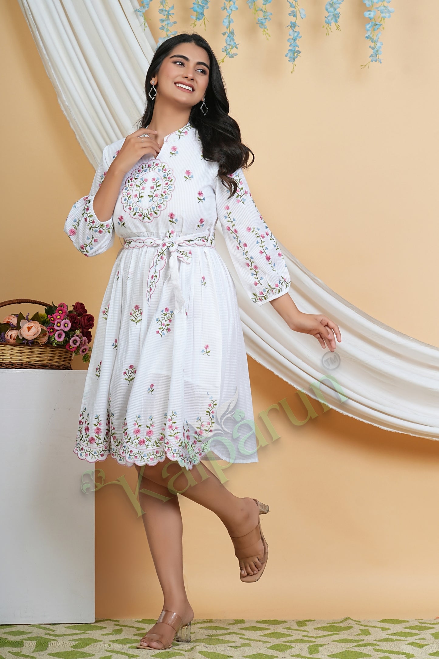 Kalparun Pearl White Cotton Short Dress with Floral Embroidery, 3/4 Sleeves, V-Neck, Sugar Pink and Azure Blooms