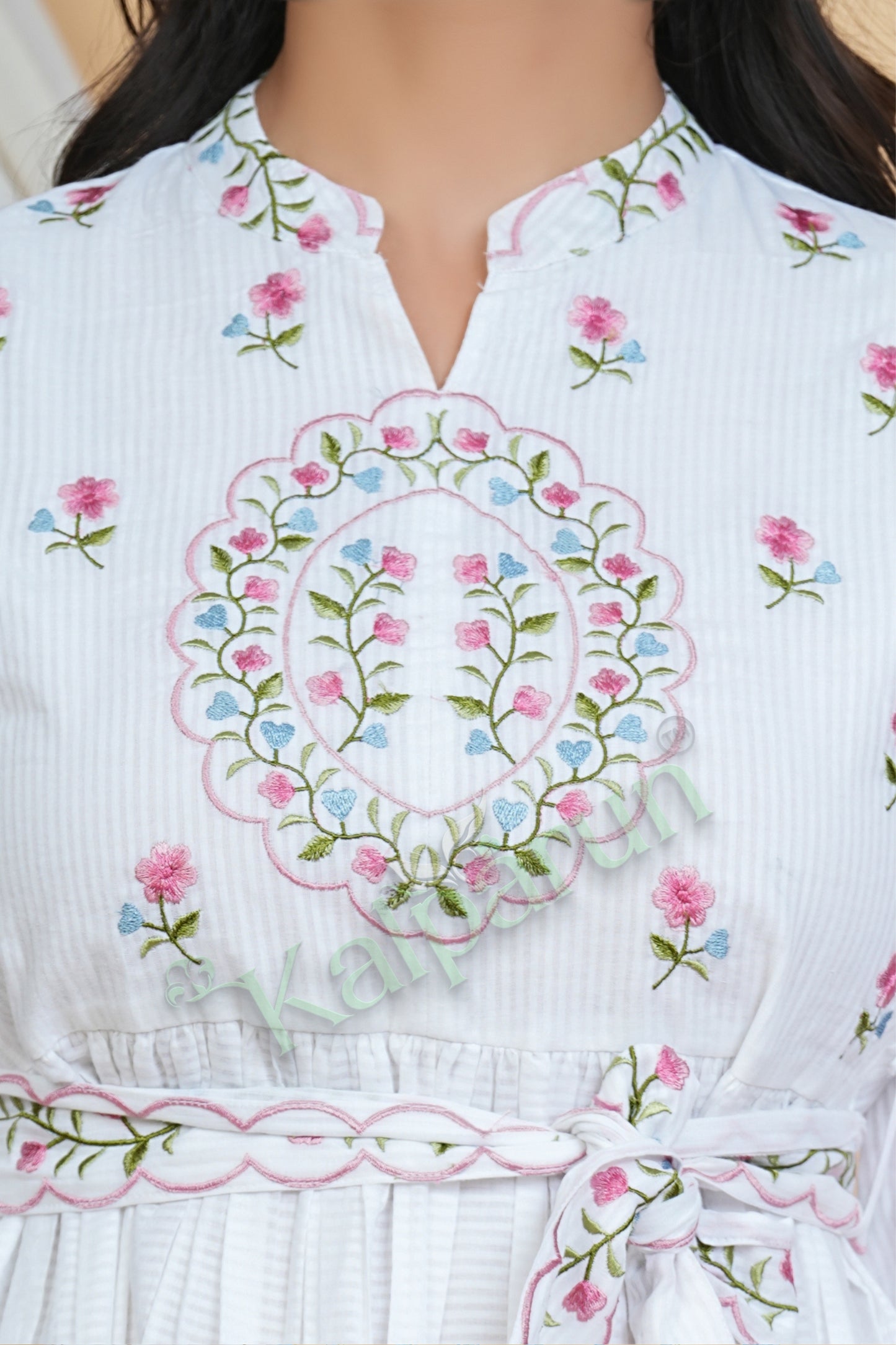 Kalparun Pearl White Cotton Short Dress with Floral Embroidery, 3/4 Sleeves, V-Neck, Sugar Pink and Azure Blooms