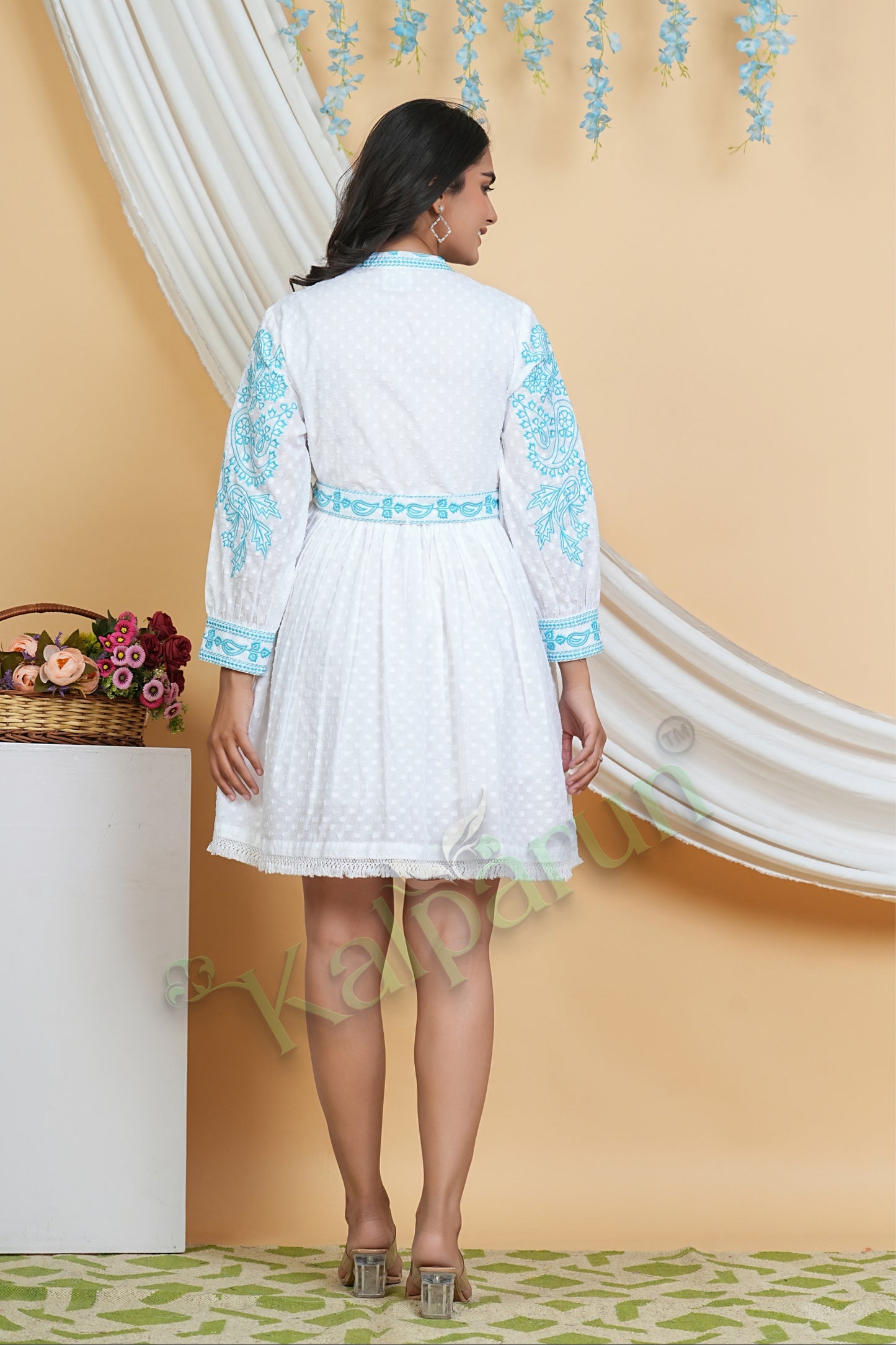 Kalparun Women's Ocean Breeze White Cotton Short Dress with Turquoise Wave Embroidery, Long Sleeve, Belted Waist