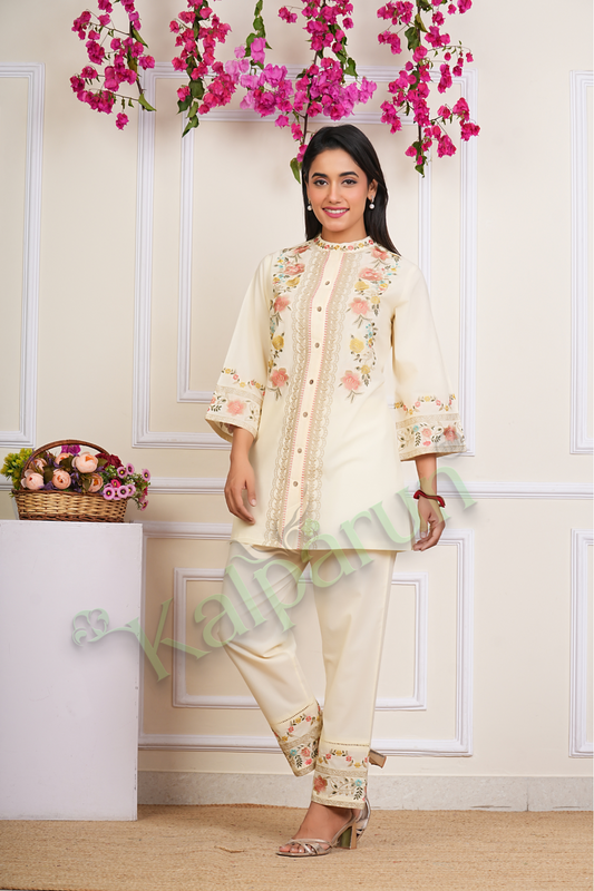 KALPARUN Floral Embroidered Cotton cord Set, Cream Colour, Button-Down Kurta with Embroidered Pants, Three-Quarter Sleeves