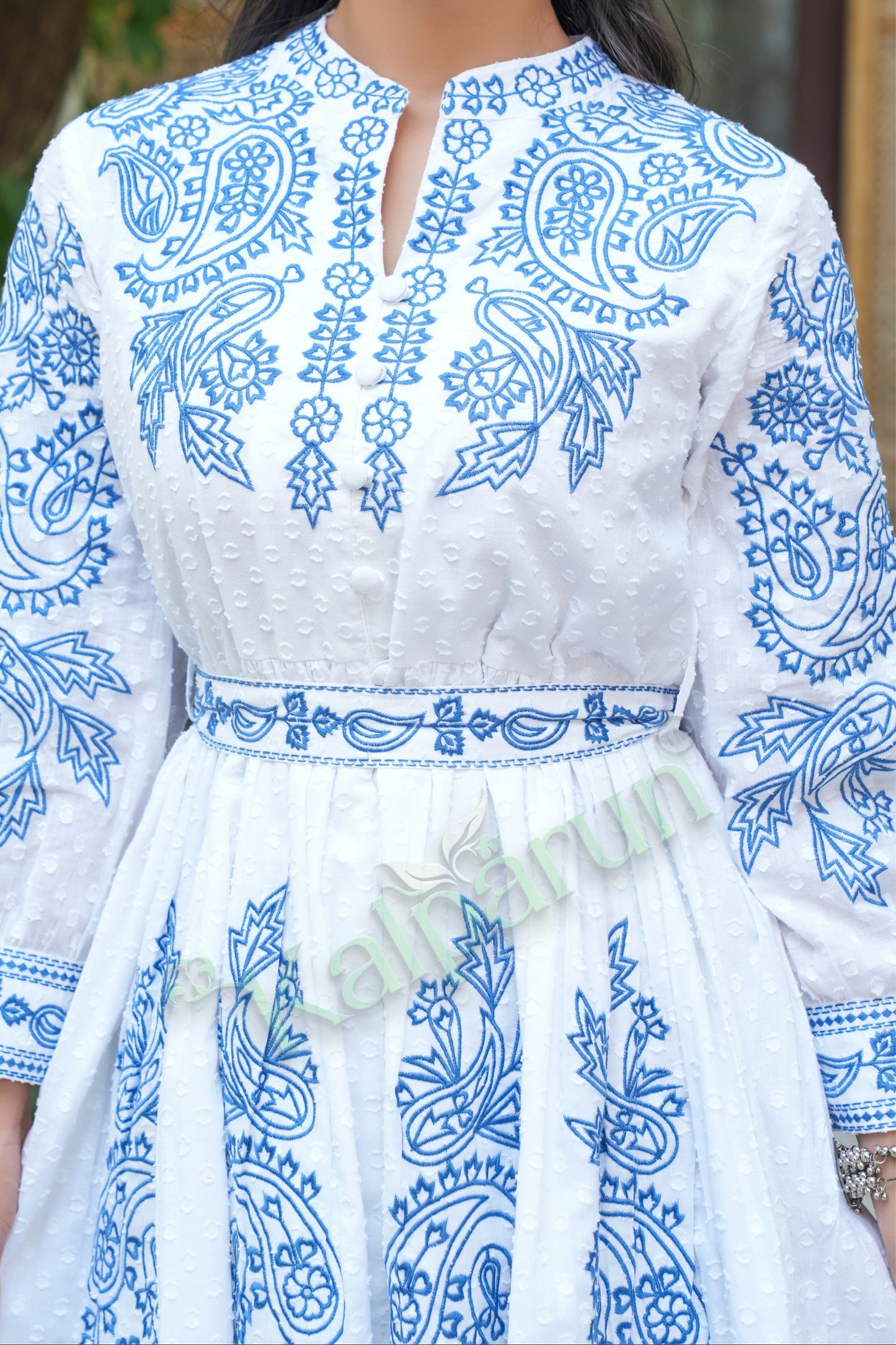 Kalparun Frost White & Indigo Bloom Cotton Embroidered Short Dress with Indigo Floral Pattern, Long Sleeves, Mandarin Collar
