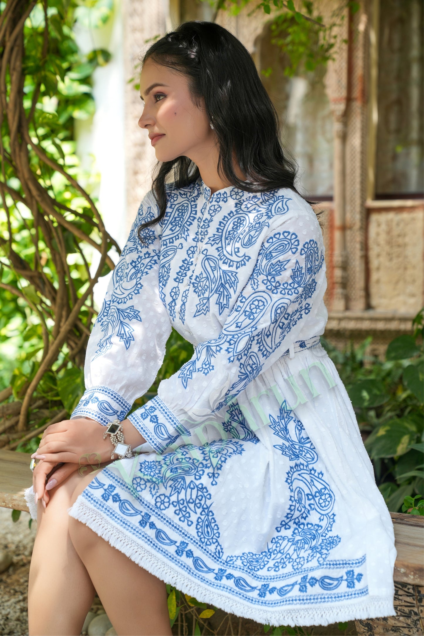 Kalparun Frost White & Indigo Bloom Cotton Embroidered Short Dress with Indigo Floral Pattern, Long Sleeves, Mandarin Collar