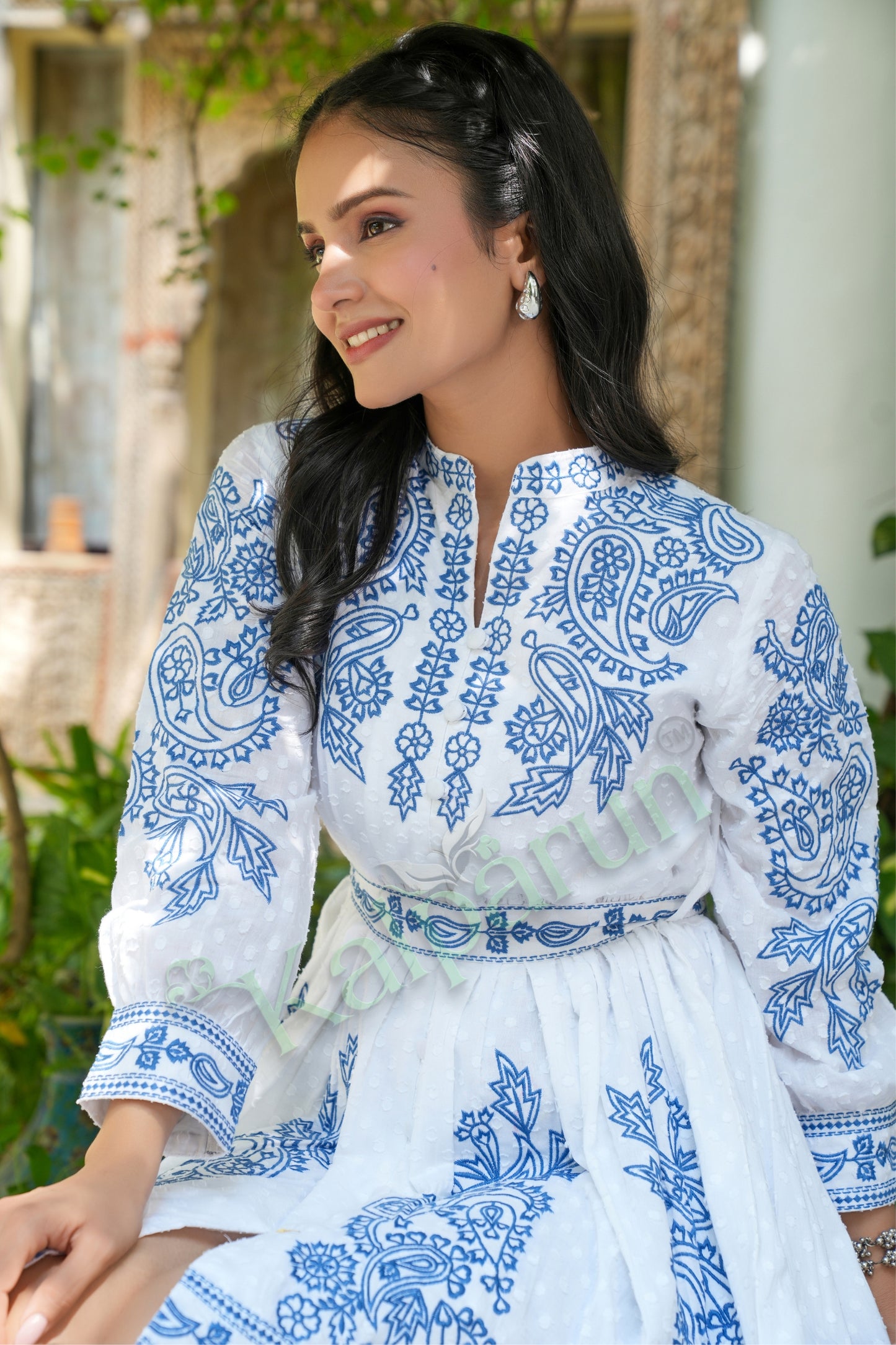 Kalparun Frost White & Indigo Bloom Cotton Embroidered Short Dress with Indigo Floral Pattern, Long Sleeves, Mandarin Collar