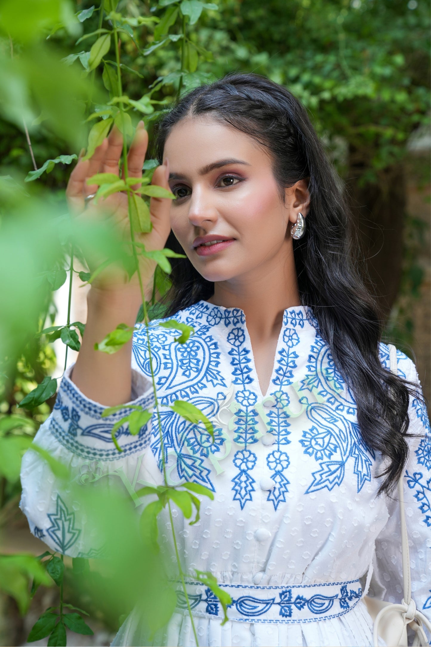 Kalparun Frost White & Indigo Bloom Cotton Embroidered Short Dress with Indigo Floral Pattern, Long Sleeves, Mandarin Collar