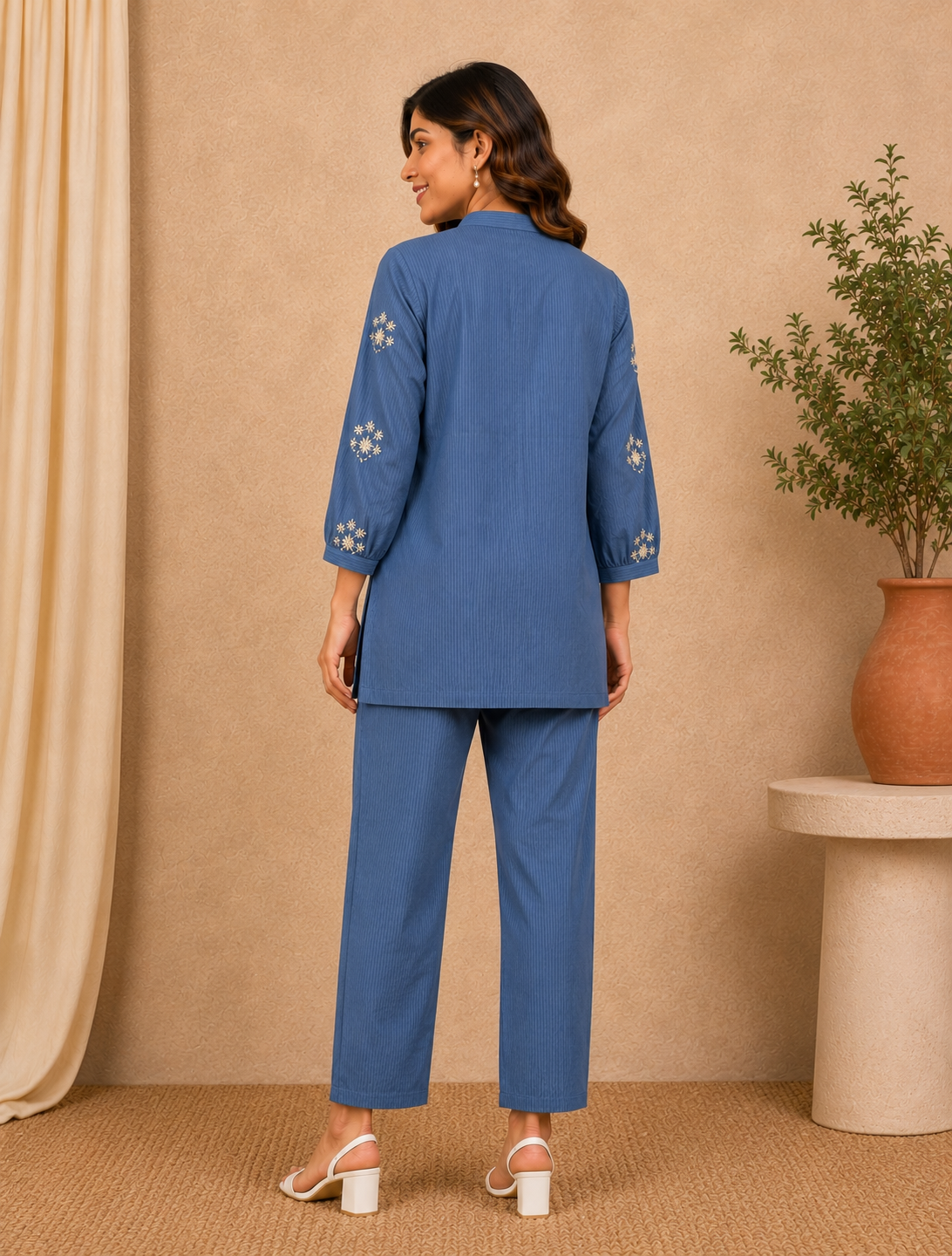 Blue Embroidered Tie-Neck Cotton Co-ord Set for Women