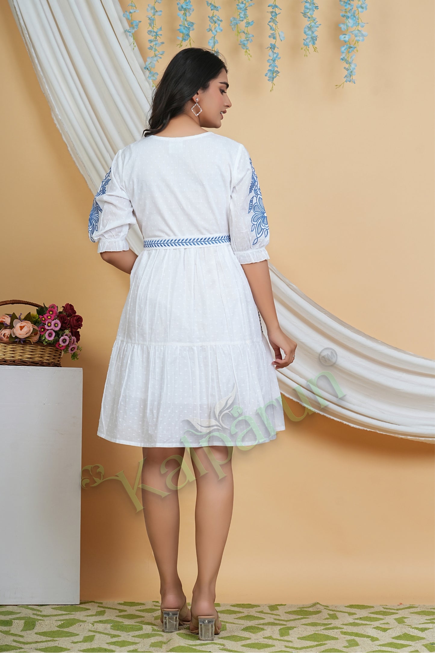 Kalparun Frost White & Indigo Bloom Cotton Embroidered Short Dress with Indigo Floral Pattern, 3/4 Sleeve, Knee Length, V Neck