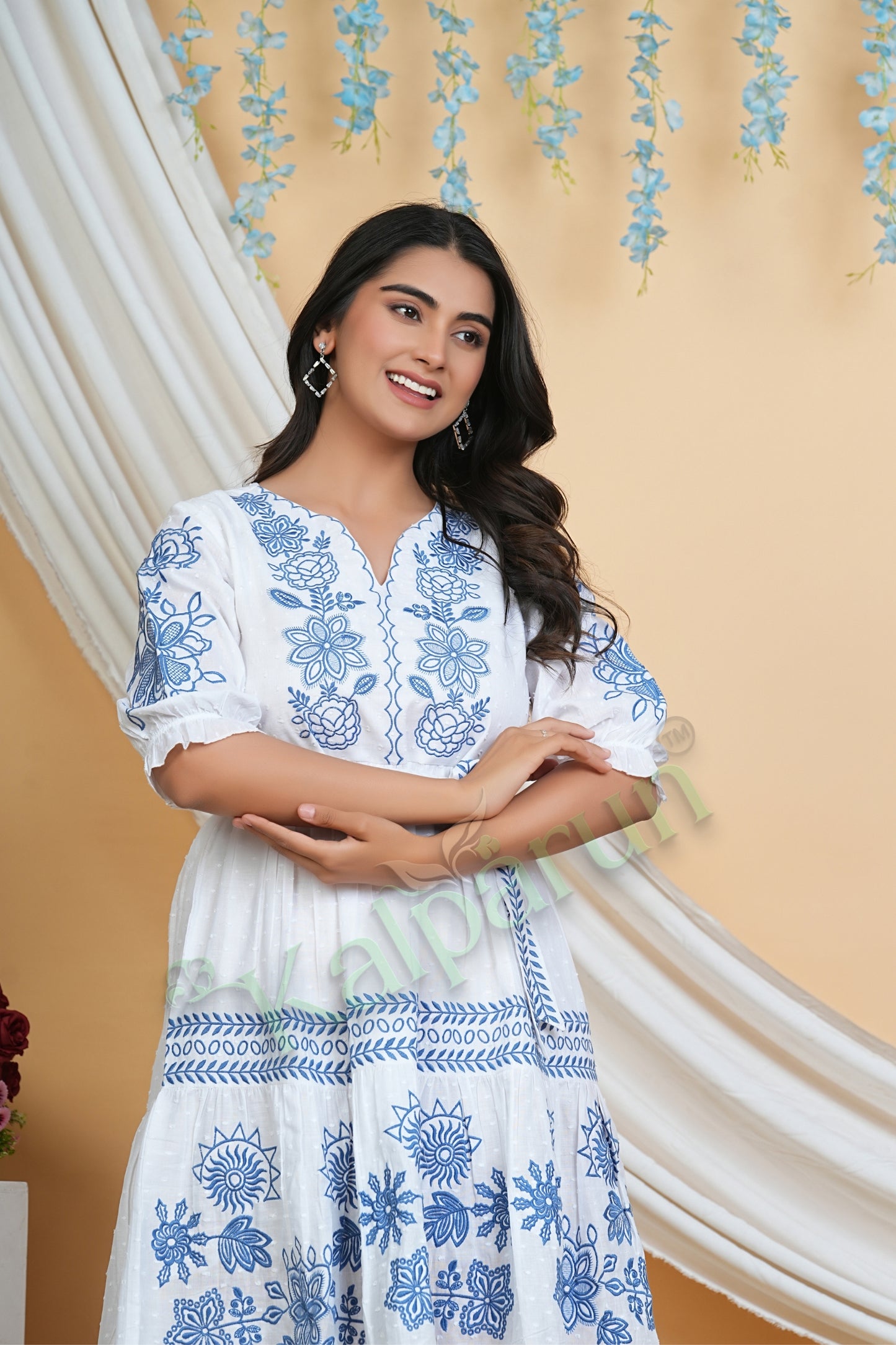 Kalparun Frost White & Indigo Bloom Cotton Embroidered Short Dress with Indigo Floral Pattern, 3/4 Sleeve, Knee Length, V Neck