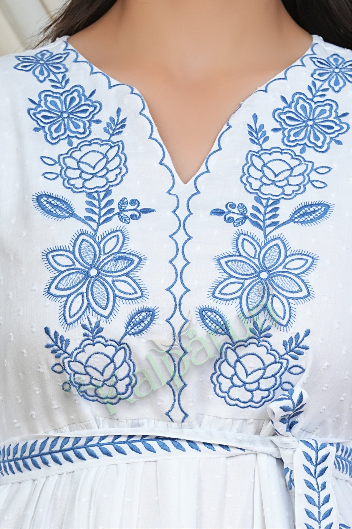Kalparun Frost White & Indigo Bloom Cotton Embroidered Short Dress with Indigo Floral Pattern, 3/4 Sleeve, Knee Length, V Neck